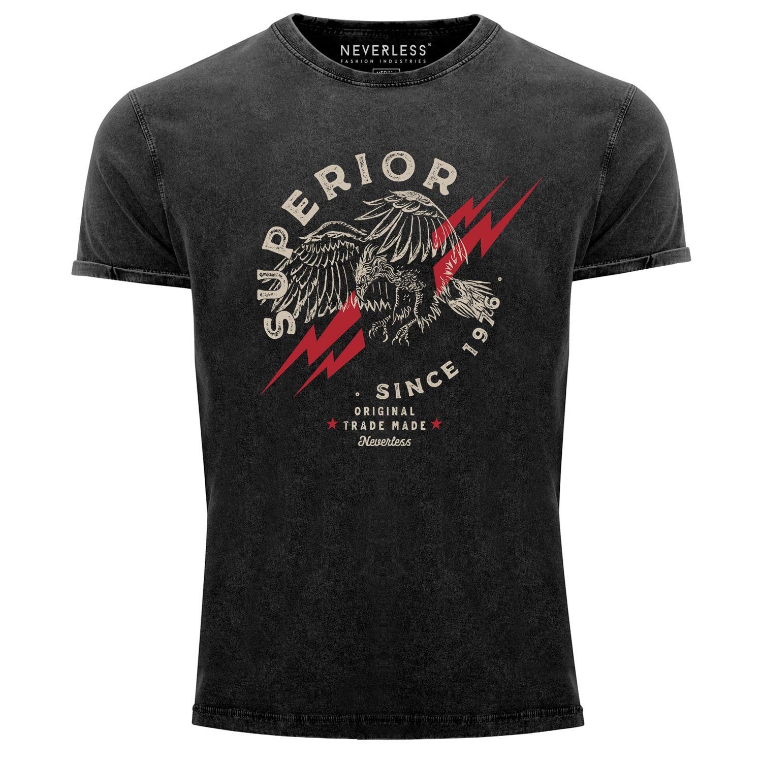 Neverless Print-Shirt Neverless® Herren T-Shirt Vintage Shirt Printshirt Superior Eagle Since 1976 Aufdruck Adler Print Used Look Slim Fit mit Print schwarz