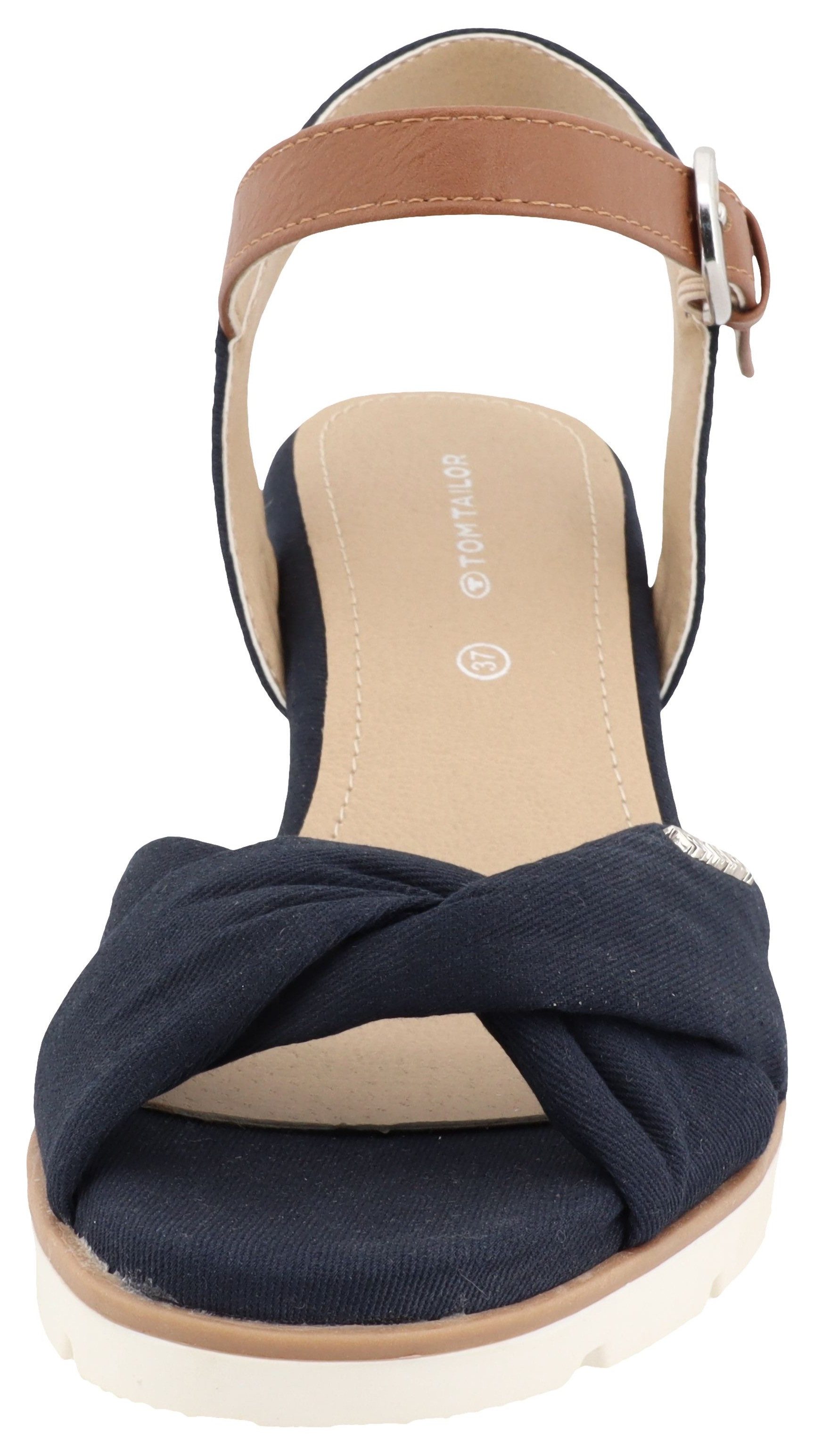 TOM TAILOR Isabel Keilsandalette Riemchensandale, Sommerschuh mit Logoschriftzug im Absatz