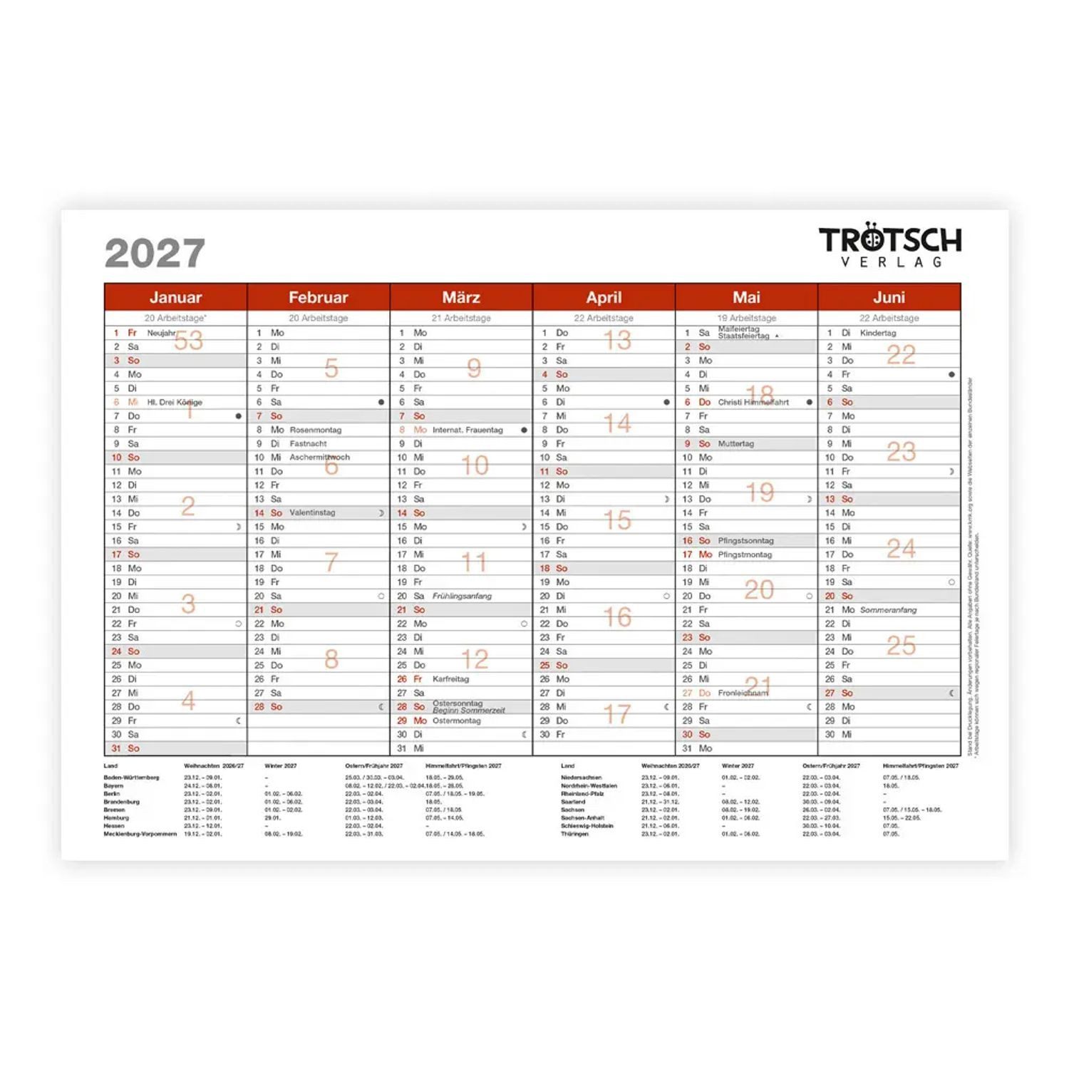 Trötsch Verlag Wandkalender TRÖTSCH - Wandtafelplaner A5 2027