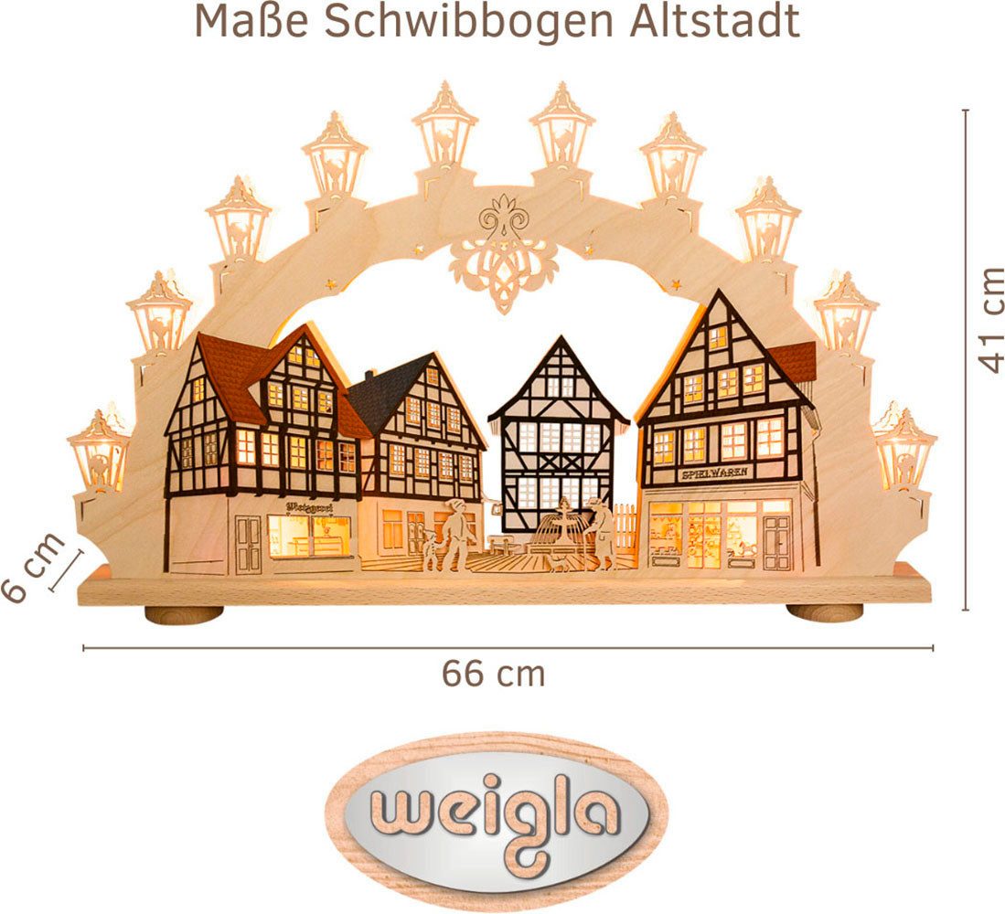 Weigla LED Schwibbogen Altstadt, Fachwerkhaus, Lichterbogen aus Holz, Made in Germany (1-tlg), Erzgebirge garantiert, Weihnachtsdeko Innen, Weihnachtsbeleuchtung