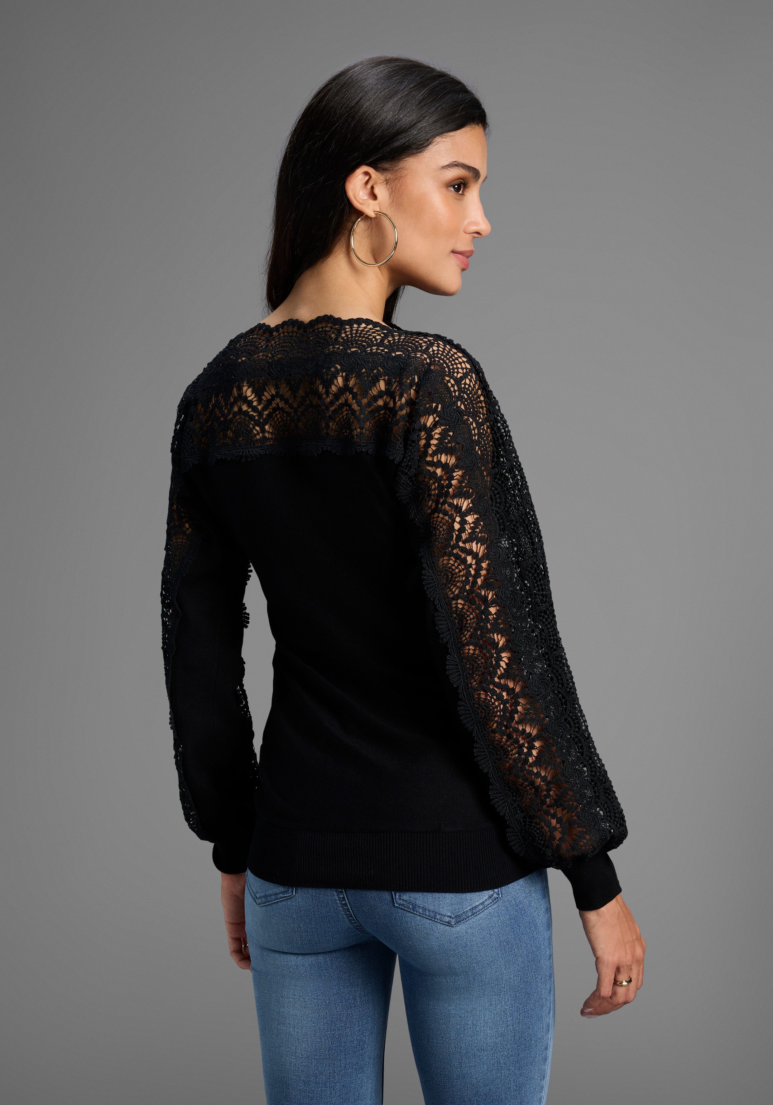 Bruno Banani Strickpullover mit Spitze auf Ärmel und Schulter - NEUE KOLLEK günstig online kaufen