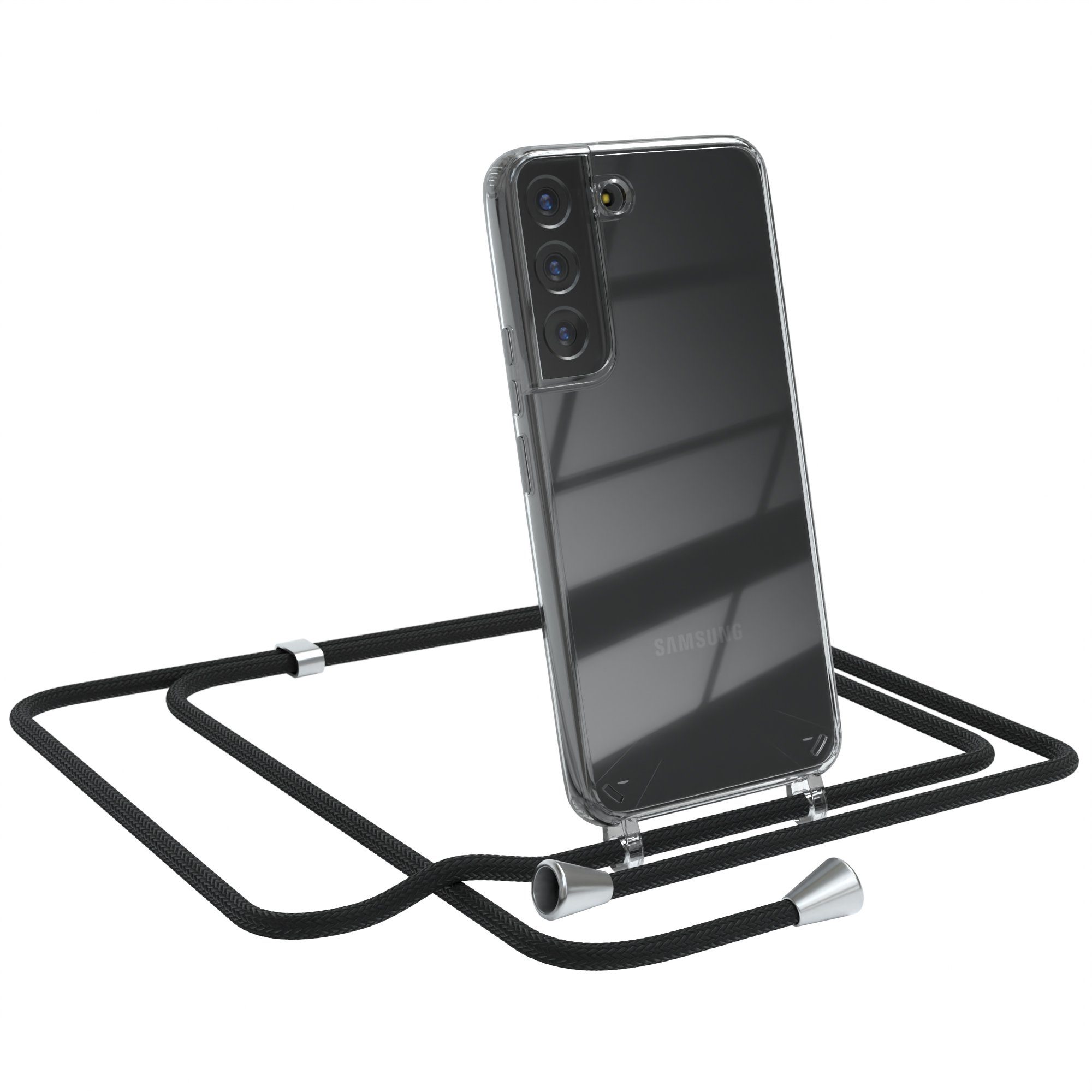 EAZY CASE Handykette Hülle mit Kette für Samsung Galaxy S22 5G 6,1 Zoll, Handykette Hülle mit Band Slimcover Schutzhülle Schwarz Clips Silber