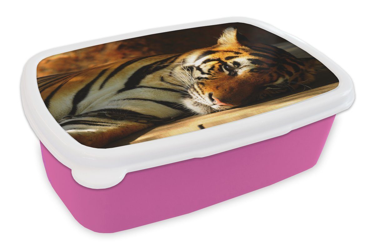 (2-tlg), Lunchbox Erwachsene, Kunststoff Kunststoff, - Ruhe, MuchoWow Brotbox rosa Brotdose Kinder, Tiere - für Snackbox, Mädchen, Tiger