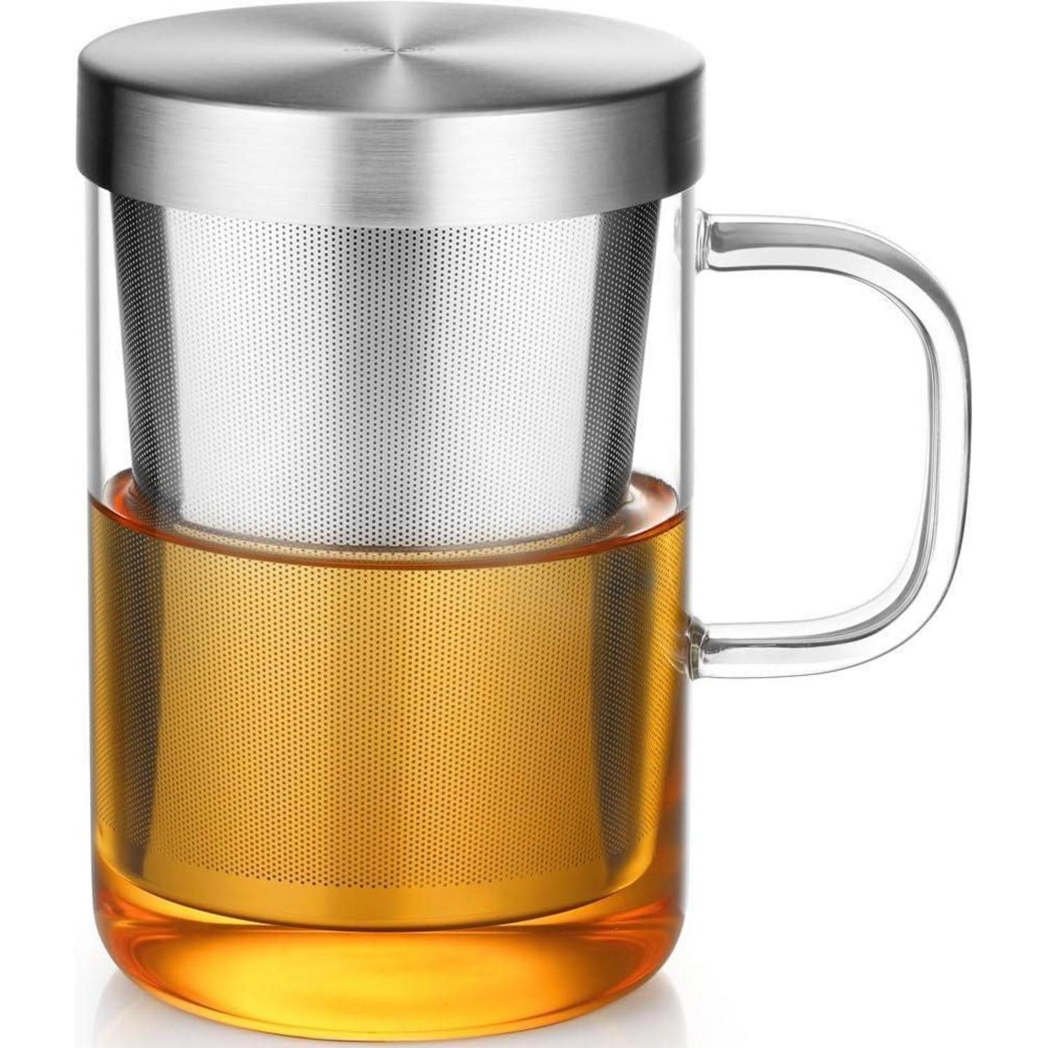 LuxusKollektion Teeglas Glas Teetasse mit Edelstahl-Sieb und Deckel 500ml Borosilikatklär