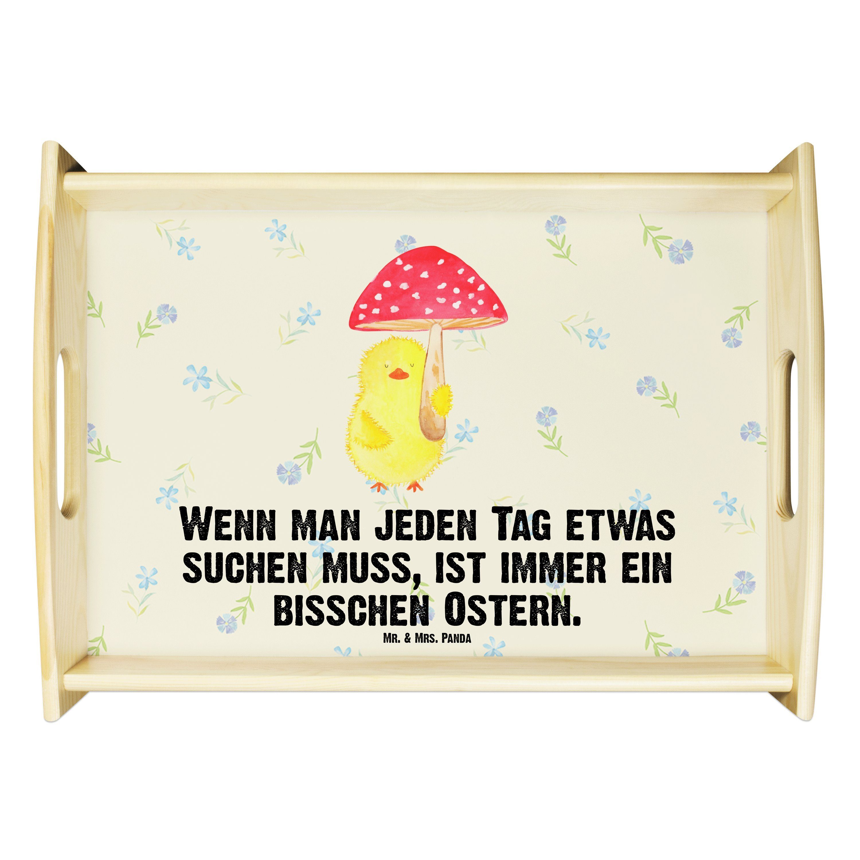 Mr. & Mrs. Panda Tablett Küken Fliegenpilz - Blumig - Geschenk, Ostern, Küchentablett, Frühst, Echtholz lasiert, (1-tlg)