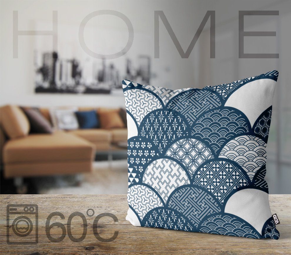 Sofa-Kissen Asien Wasser gemustert Orient Design Grafisch Küche Bad Muster asiatisch modern Kissenbezug, (1 Blumen Orientalisch Blau Wellen Weiss Stück), VOID