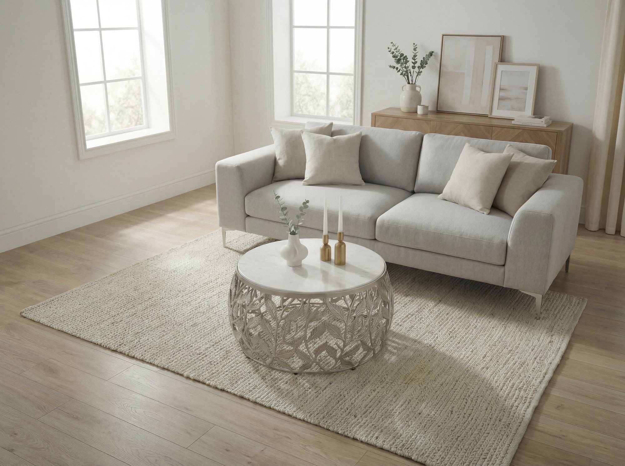 FINEBUY Couchtisch FB73714 60cm Silber Marmor Sofatisch Beistelltisch Wohnzimmertisch Alu (Natürliche Materialien treffen auf modernes Design), Runder Tisch mit stilvoller und stabiler Bauweise