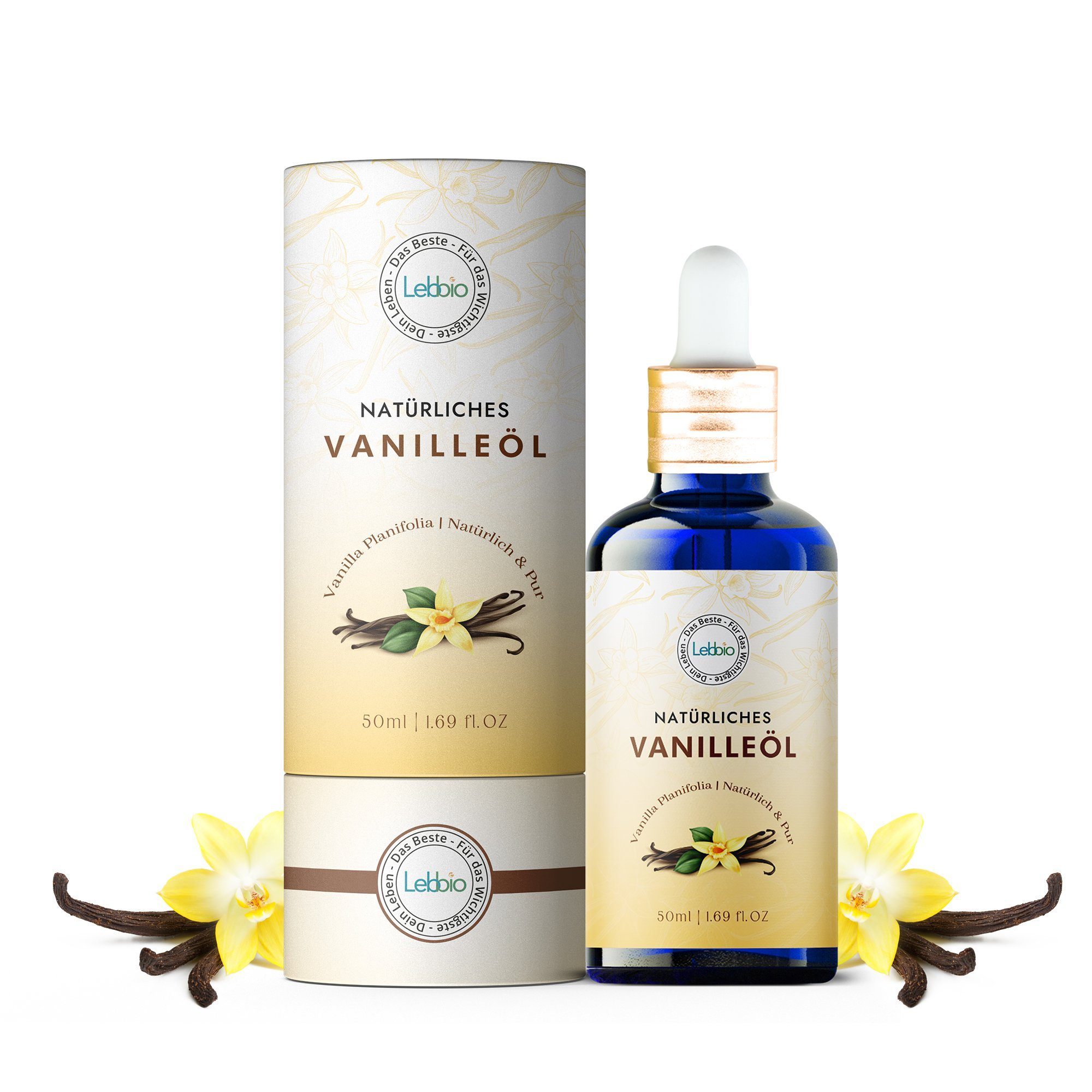 Lebbio Körperöl Vanilleöl – 100% Pur und natürlich, 50 ml Inhalt, Fördert gute Laune, wirkt stressreduzierend
