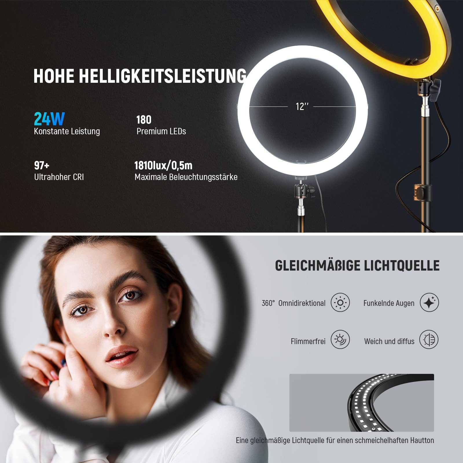 Neewer Ringlicht RH12B 30cm LED Ringlicht, 24W, Bicolor 2900K-7000K, USB-C, CRI97+