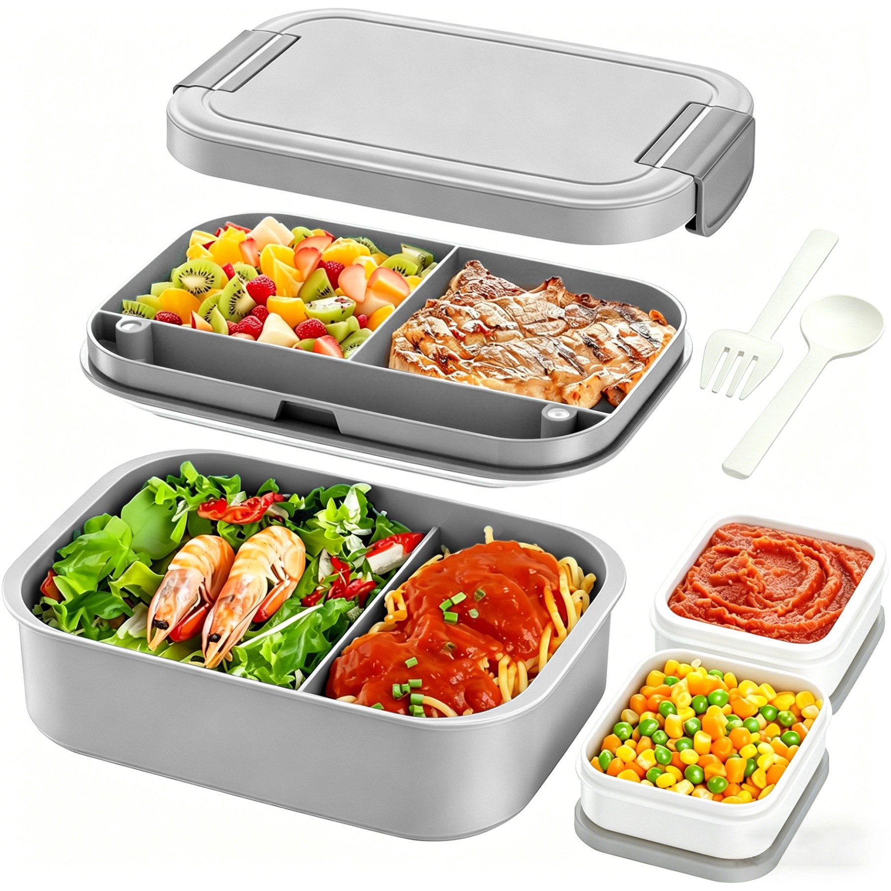 Mutig Lunchbox Brotdose für Kinder und Erwachsene Mit Fächern, 1960 ML Mittagessenbox, (Auslaufsicher Lunchbox, Bento Box Mit Besteck und Saucenbox, Bento Box, 4 Schichten Reisen Brotzeitbox with Cutlery), für Schule,Picknick&Unterweg,Arbeit,Reisen,Als Frühstücksbox Jausenbox