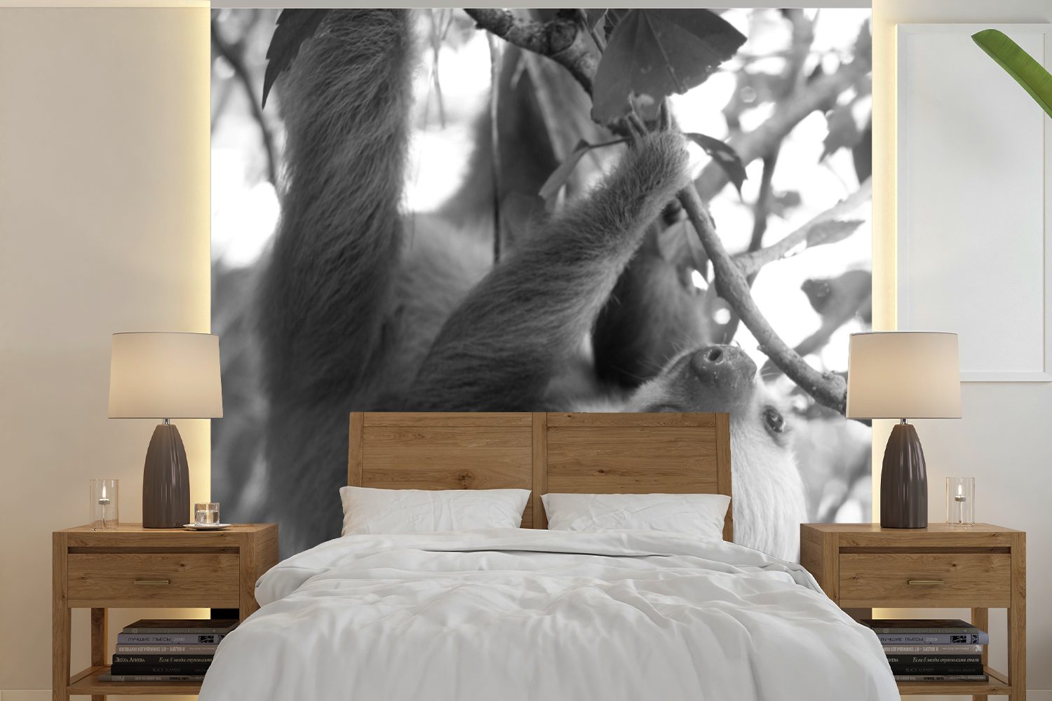 MuchoWow Fototapete Babyfaultier im Regenwald von Costa Rica in schwarz-weiß, Matt, bedruckt, (5 St), Vinyl Tapete für Wohnzimmer oder Schlafzimmer, Wandtapete