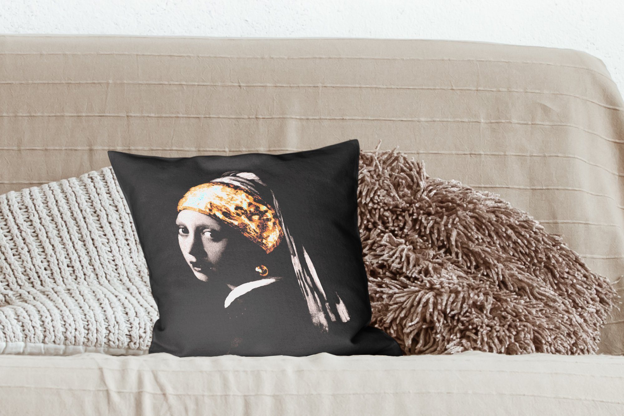 Das Perlenohrring für Wohzimmer, MuchoWow Schlafzimmer, Gold, - Deko, dem mit - Zierkissen Dekokissen Mädchen Sofakissen Vermeer Füllung mit