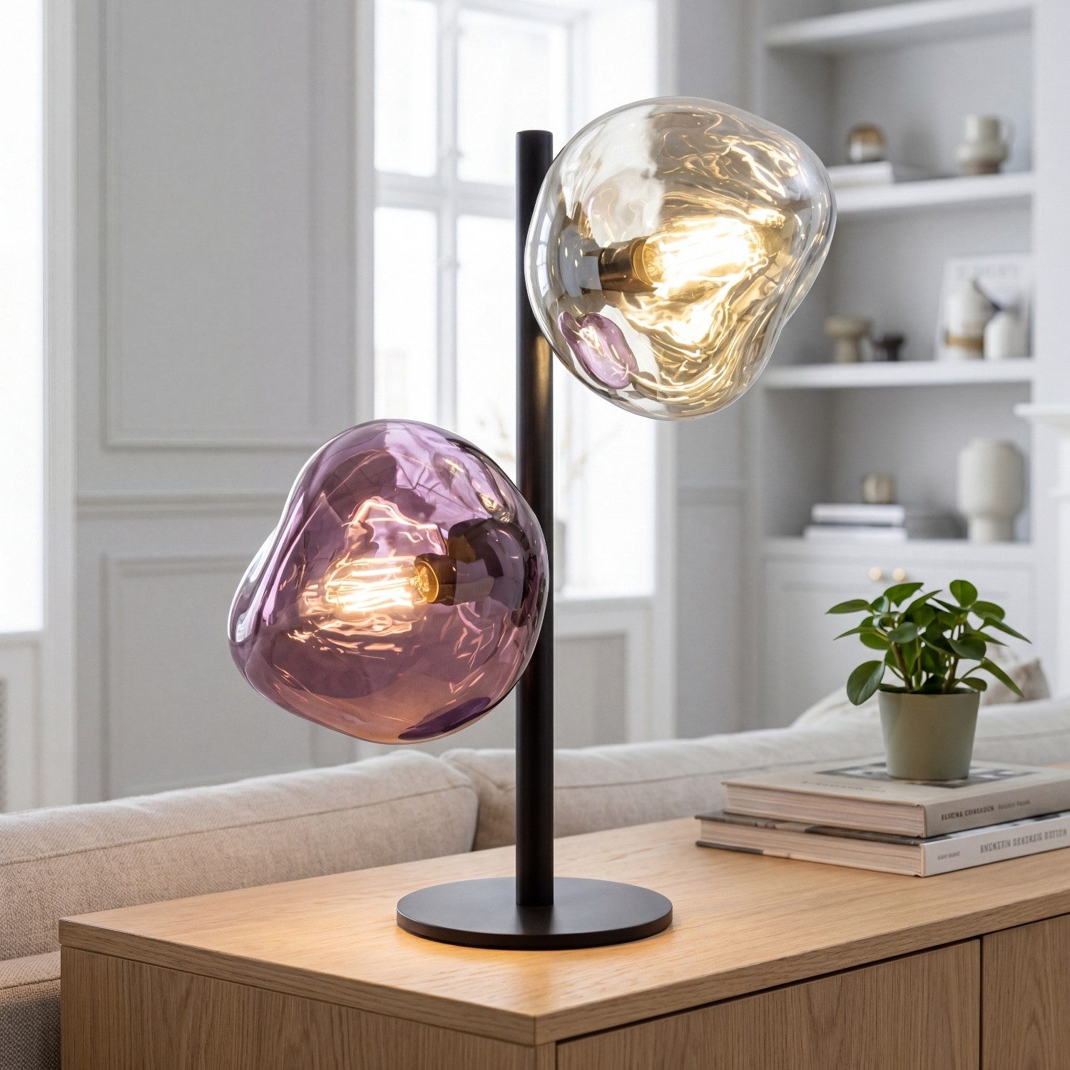Licht-Erlebnisse Tischleuchte CLONLINA, ohne Leuchtmittel, Glas Weiß Lila Metall E14 40 cm Lava-Glas verspiegelt Schlafzimmer