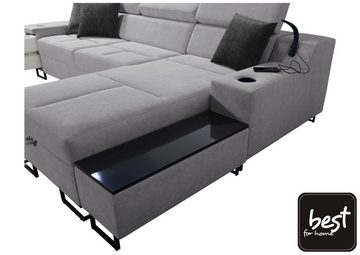 Best for Home Ecksofa Aria I Maxi: Schlaffunktion & Bettkasten für das Moderne Wohnzimmer, mit USB-Ladeleuchte und flexiblem Arm
