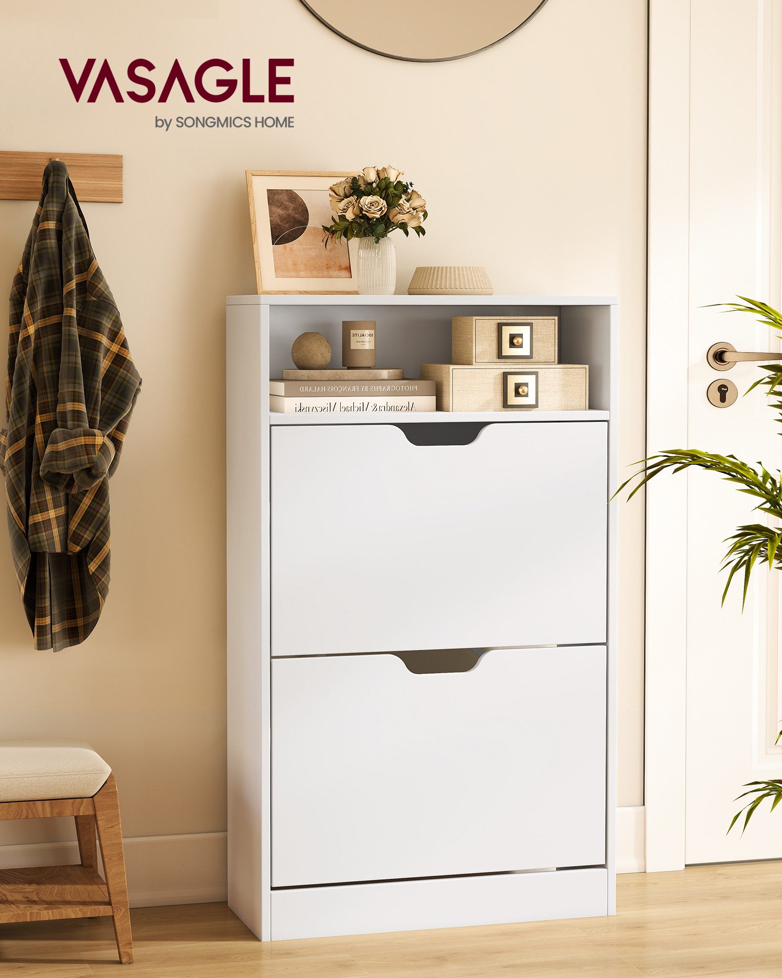 VASAGLE Schuhschrank Schuhkipper schmal, 2 oder 3 Klappen, offens Fach oben Trennwand verstellbar, Höhe 102/139 cm, bis EU-Größe 45