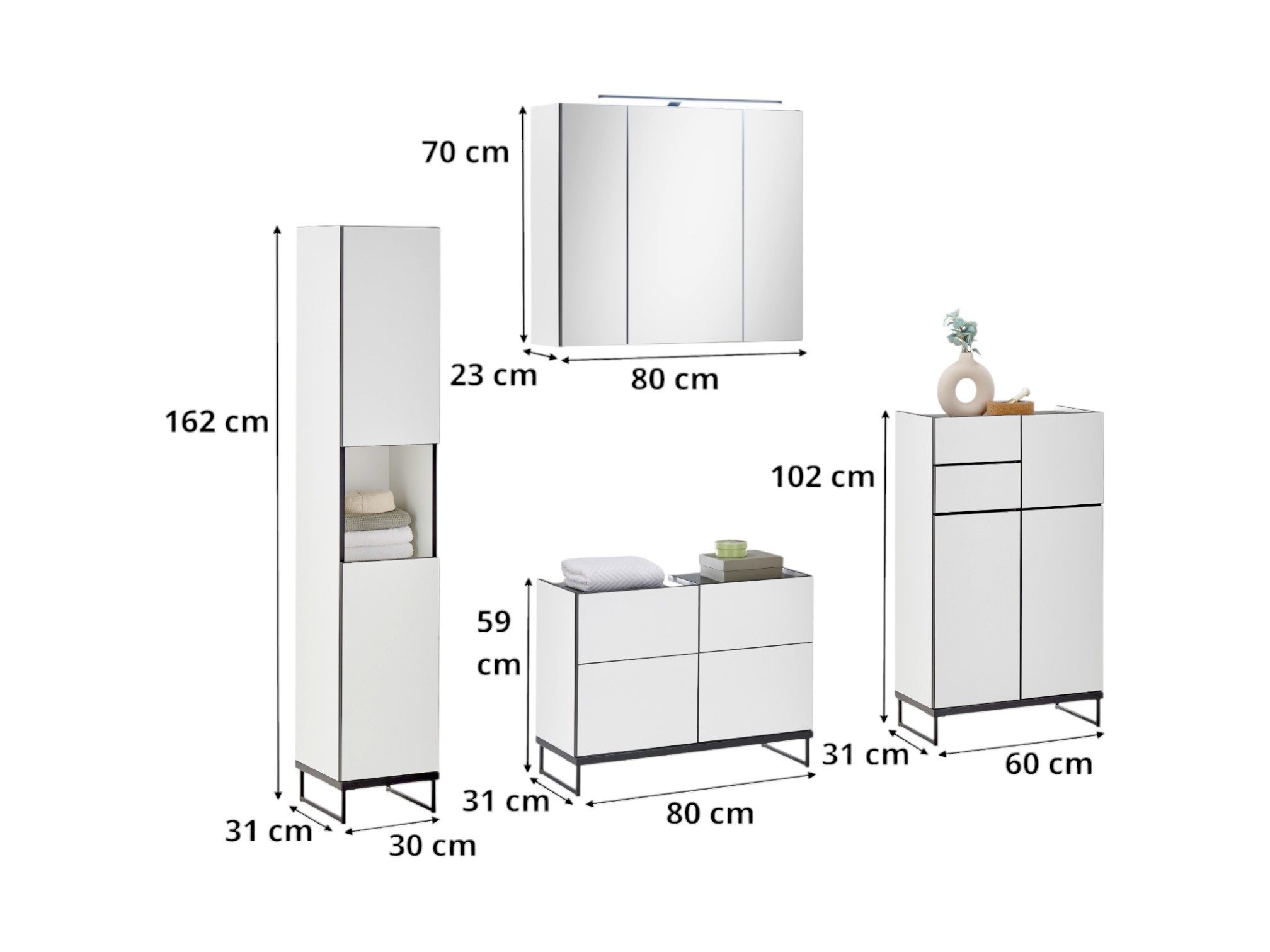 moebel-dich-auf Badmöbel-Set VENEZIA, (Set 1, 4-St., Hochschrank, Spiegelschrank, Waschbeckenunterschrank, Highboard), weiß matt, Absetzung: schwarz