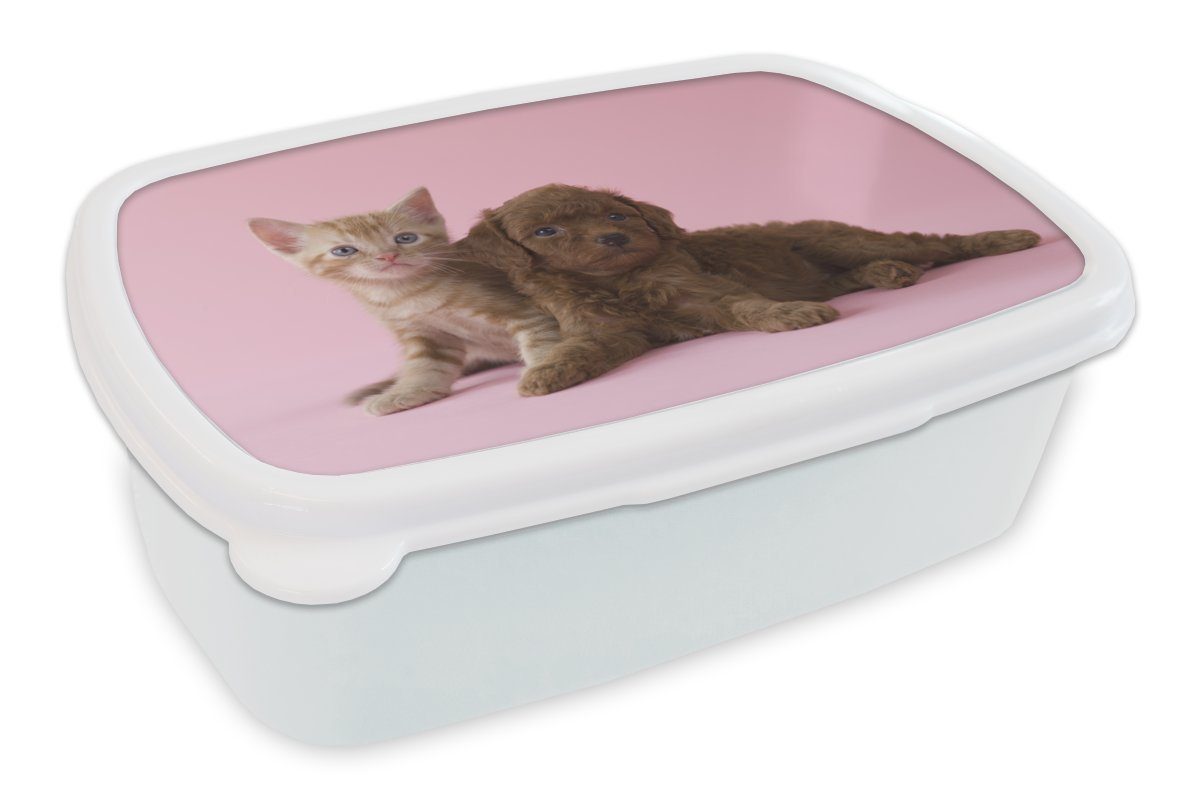 (2-tlg), für Hund und - weiß und Kinder Brotbox MuchoWow Kunststoff, Katze Rosa, Jungs Mädchen - Brotdose, Erwachsene, Lunchbox für