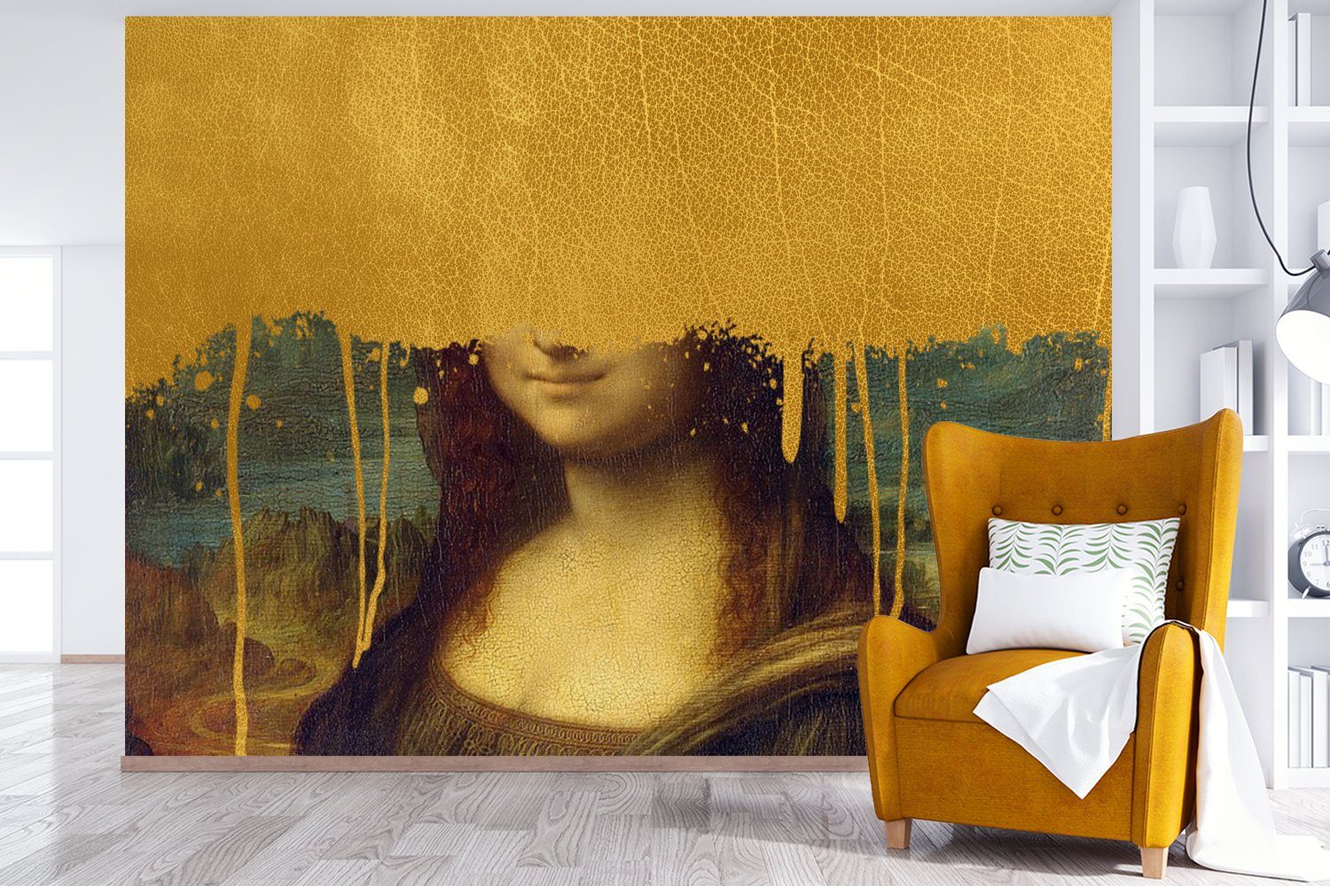 MuchoWow Fototapete Mona Lisa Vinci, (6 Wohnzimmer, für - Gold Tapete Schlafzimmer, Da bedruckt, - St), Kinderzimmer, Vinyl Matt, Wallpaper