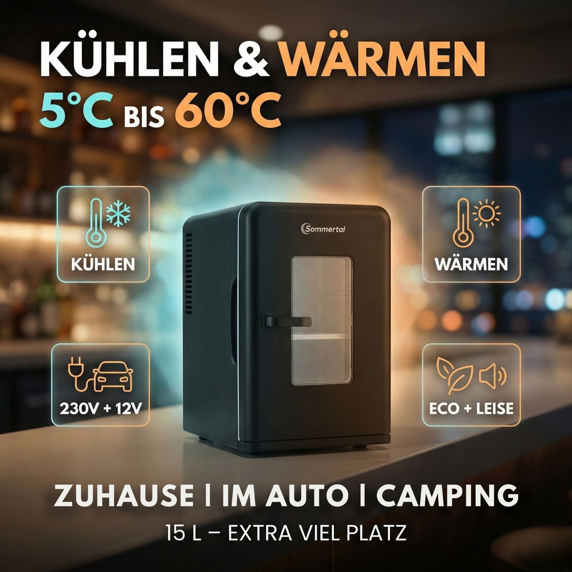 Sommertal Getränkekühlschrank Sommertal Küchengeräte KS15, 41 cm hoch, 27 cm breit, AC für Haus Steckdose und DC für Auto 12V Betrieb