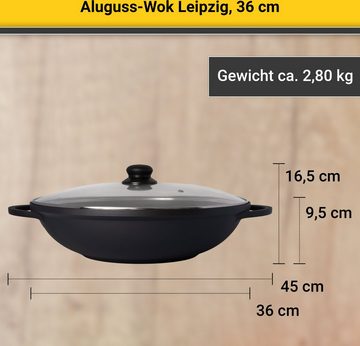 Krüger Wok Aluguss Wok mit Glasdeckel LEIPZIG, 36 cm, Aluminiumguss (1-tlg), hochwertige Antihaft-Versiegelung