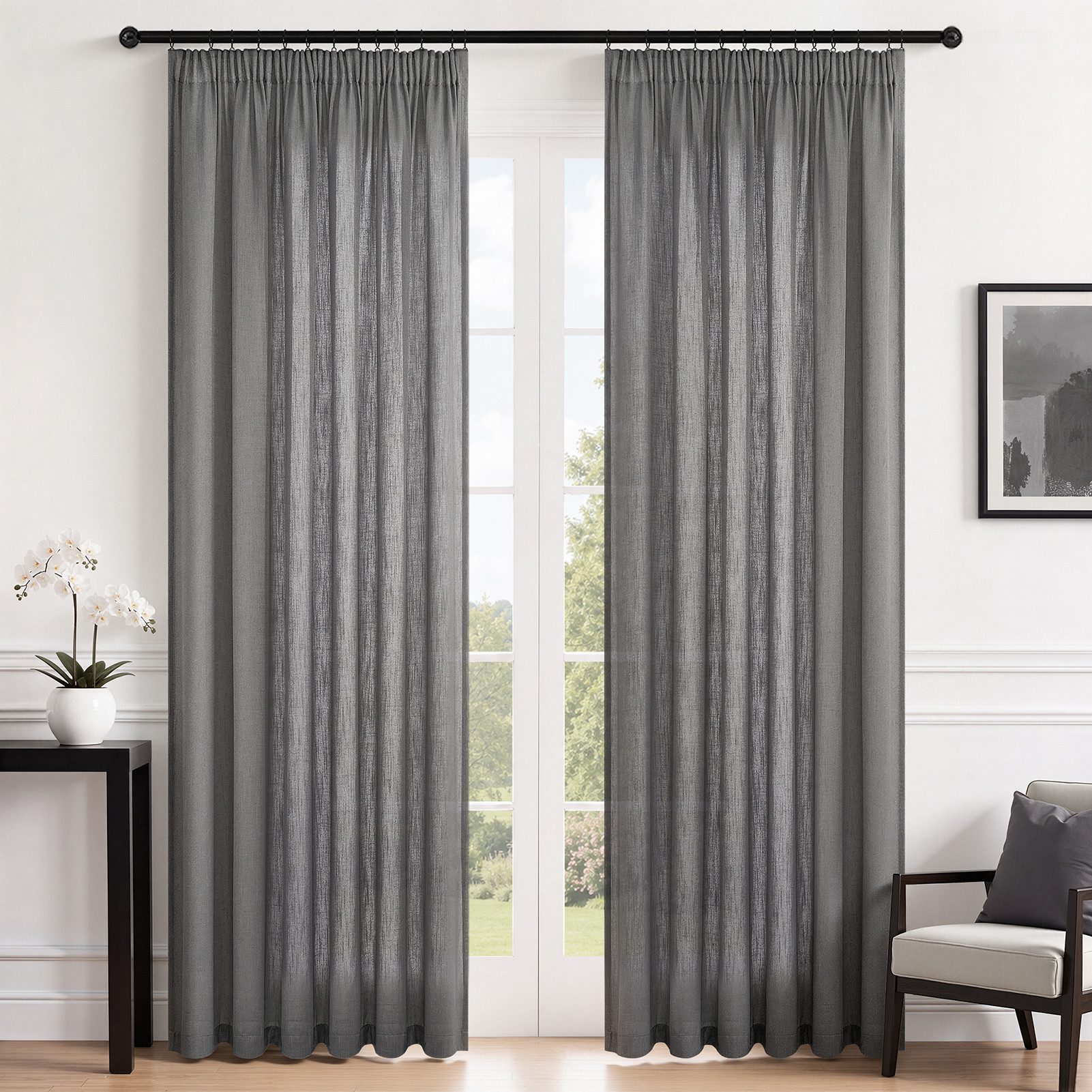 Topfinel Gardine Leinenoptik vorhänge mit kräuselband halbtransparent wohnzimmer (2 St), Kräuselband, halbtransparent, modern boho Dunkelgrau 140x240cm kinderzimmer Schlafzimmer Esszimmer