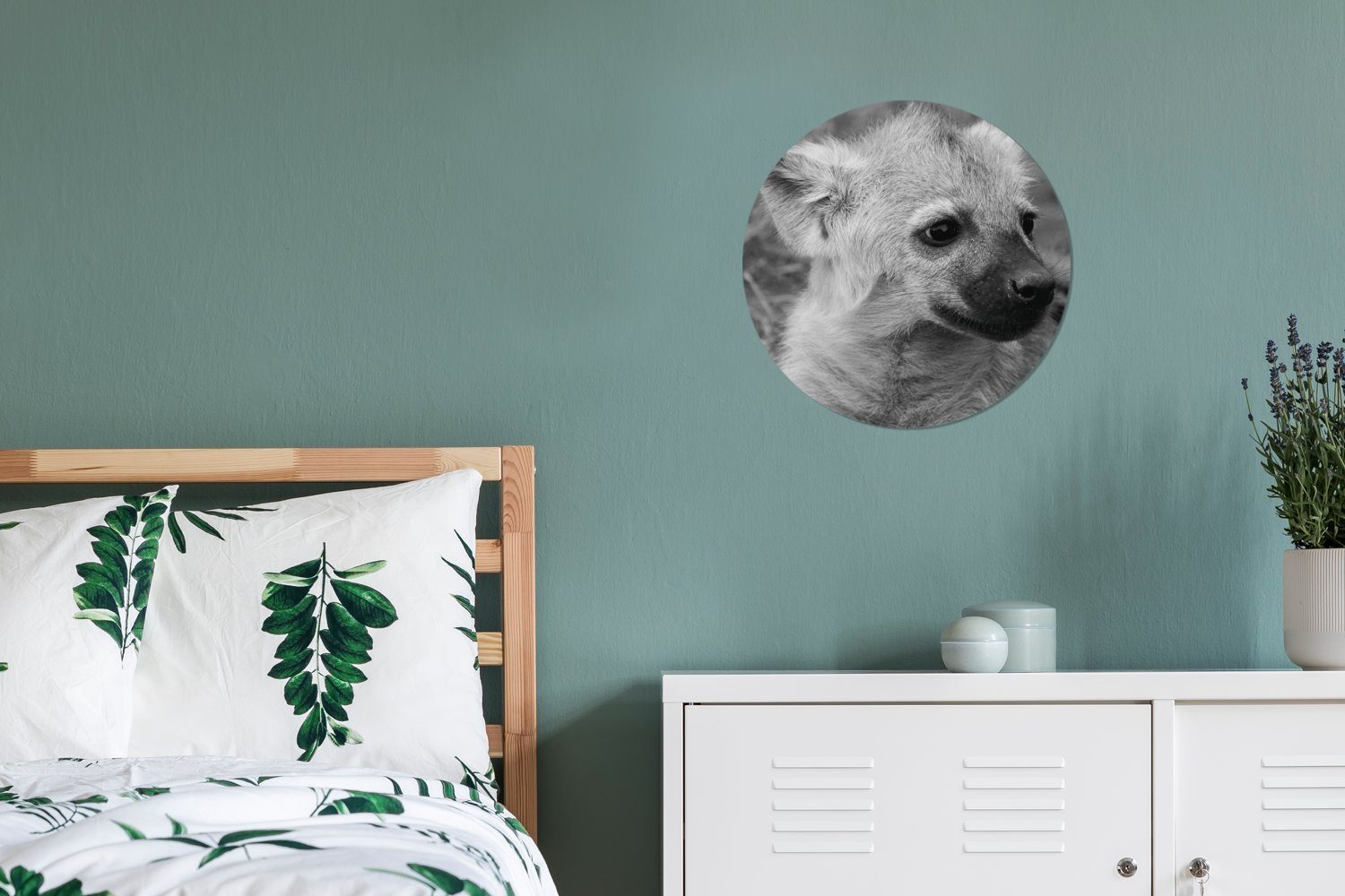 und Wohnzimmer, Wanddekoration Kreis Hyänenjunges Weiß, Rundes in 30x30 MuchoWow Wandbild, Gemälde Forex, Schwarz cm St), (1