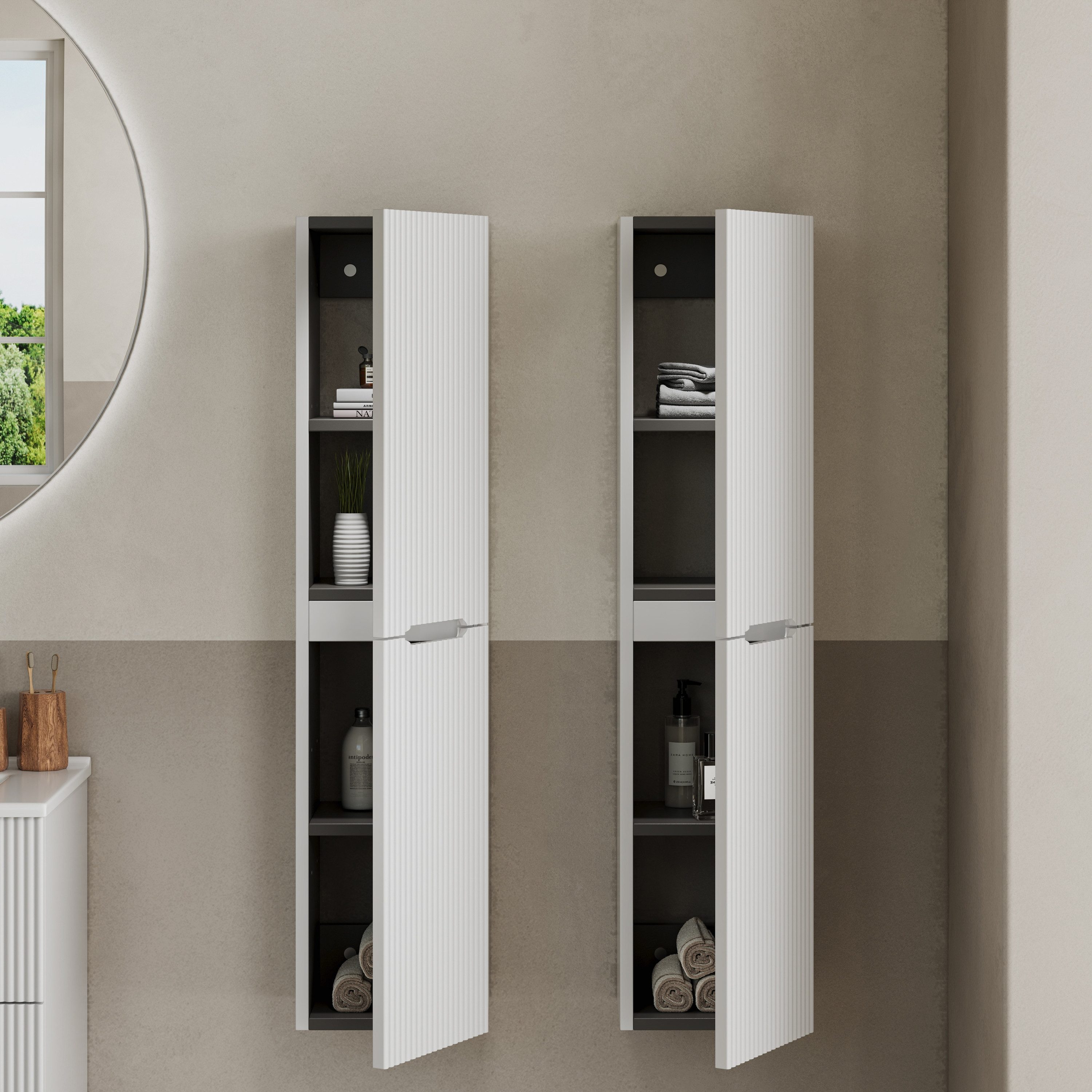 BRIDGE BENO Wandhängeschrank Hoher Badezimmerschrank, 2 Türen Mit Verstellbaren Einlegeböden, 1-tlg., 30 X 110 X 21 cm – Links/rechts Montierbar