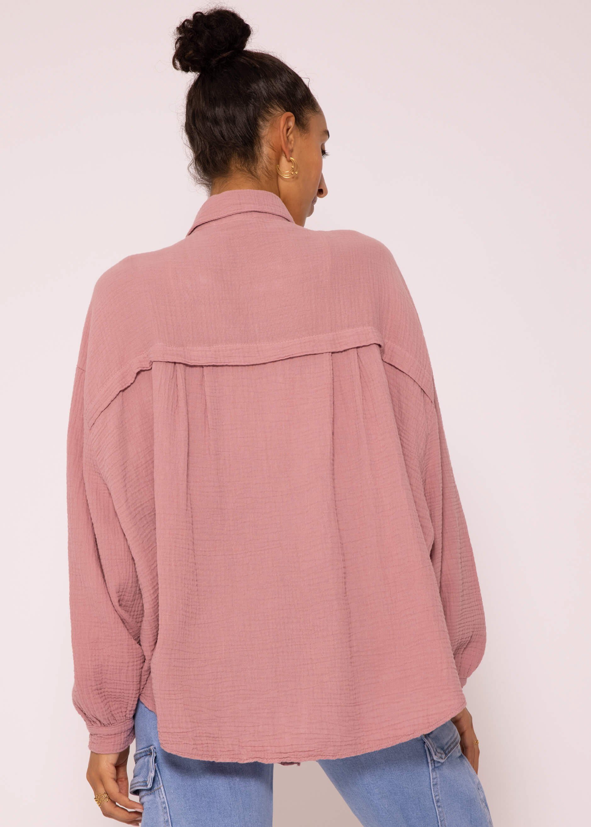 Longbluse Bluse Damen Altrosa Hemdbluse aus Langarm mit V-Ausschnitt, Musselin (Gr. SASSYCLASSY 36-48) One Baumwolle Size Oversize lang