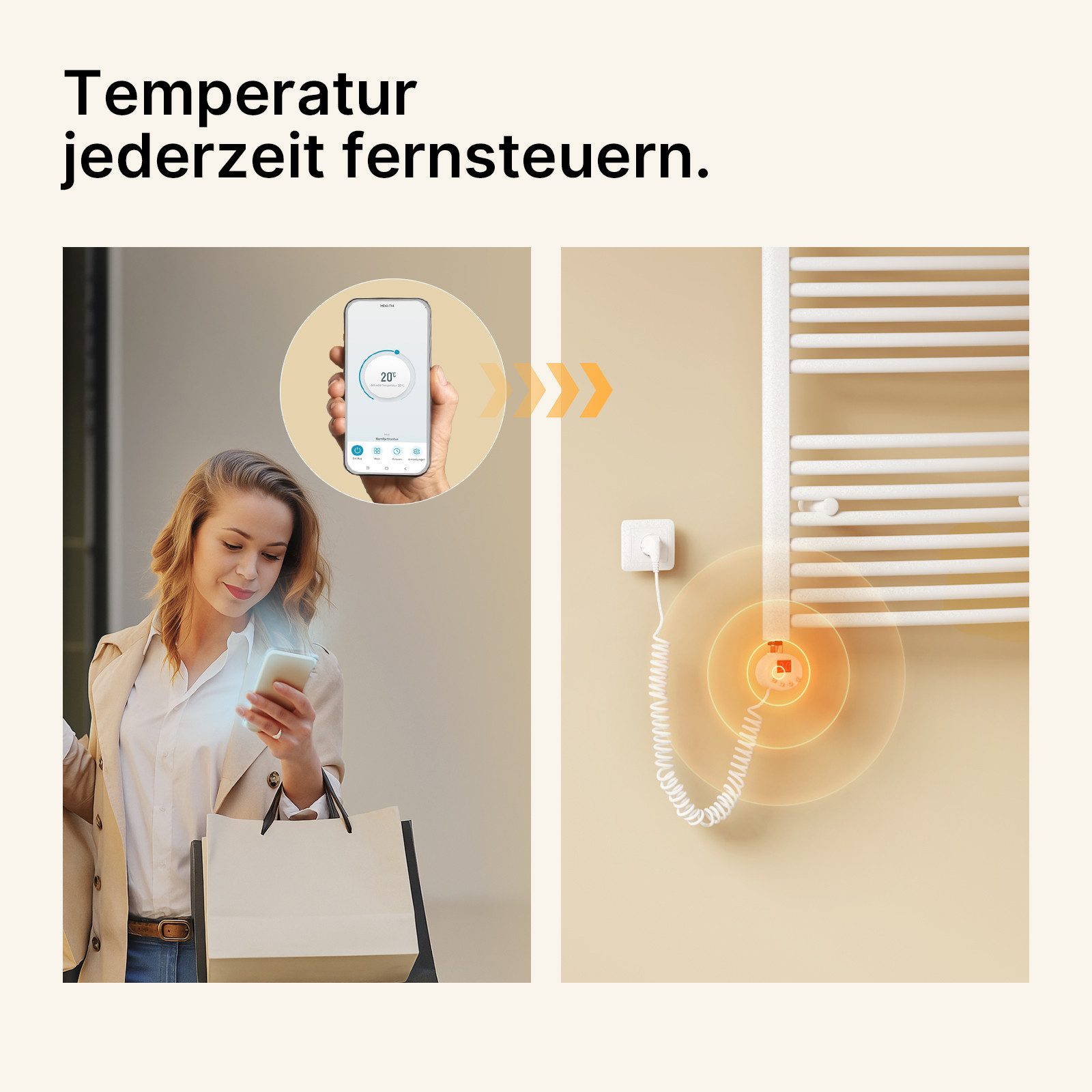 EMKE Heizstab heizkörper 300-1200W Timing Funktion Temperatureinstellung: 30-70°C, Wifi APP Steurung Thermostat Heizelement für Badheizkörper – Bild 5 von 5