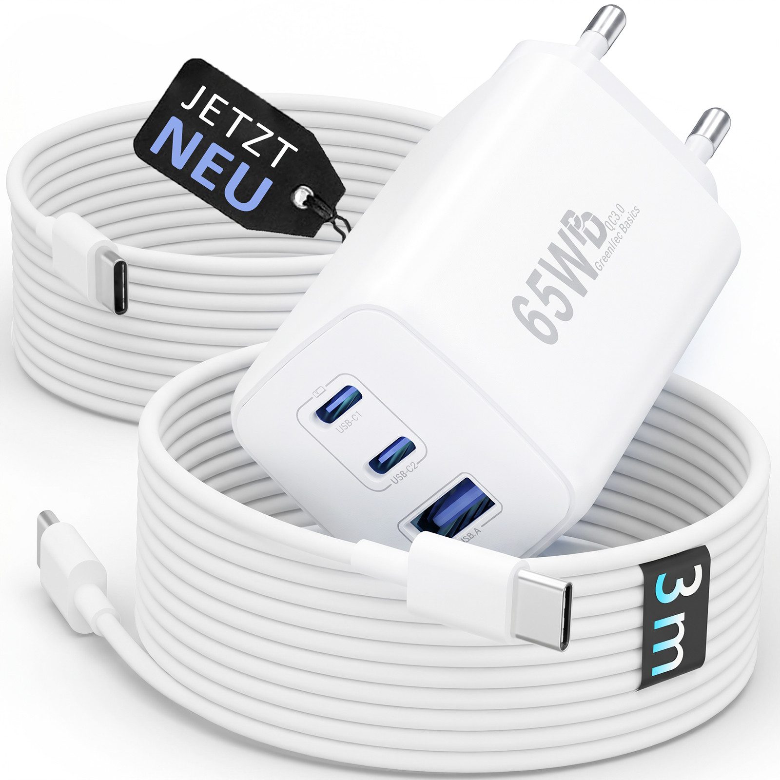 GreenHec 65w USB-C Ladegerät Mehrfach GAN Mehrfachstecker USB-A Charger Schnelllade-Gerät (50 mA, Spar-Set, Universelle Kompatibilität, 3 fach Netzteil Adapter Macbook quick charge Ladestation type c port)