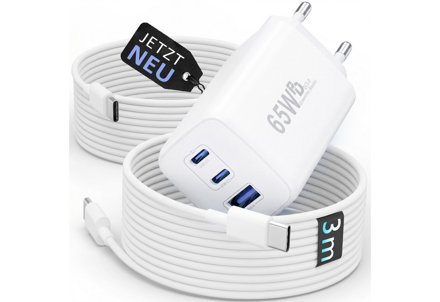 GreenHec 65w USB-C Ladegerät Mehrfach GAN Mehrfachstecker USB-A Charger Schnelllade-Gerät (50 mA, Spar-Set, Universelle Kompatibilität, 3 fach Netzteil Adapter Macbook quick charge Ladestation type c port)