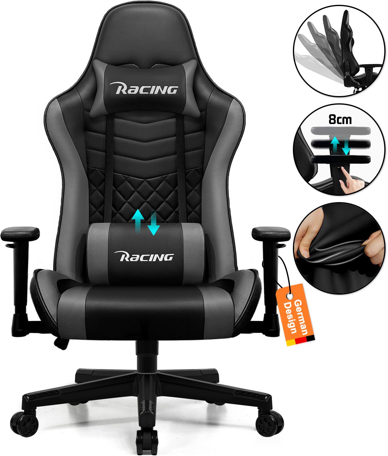 Hiazurm Gaming-Stuhl Gaming Stuhl, Bürostuhl Ergonomisch, Gaming Chair (Ergonomischer Gamer Stuhl mit Wippfunktion, bis 150 kg Belastbarkeit), Gaming Stuhl Bürostuhl mit Verstellbare Armlehnen, Kopfstütze