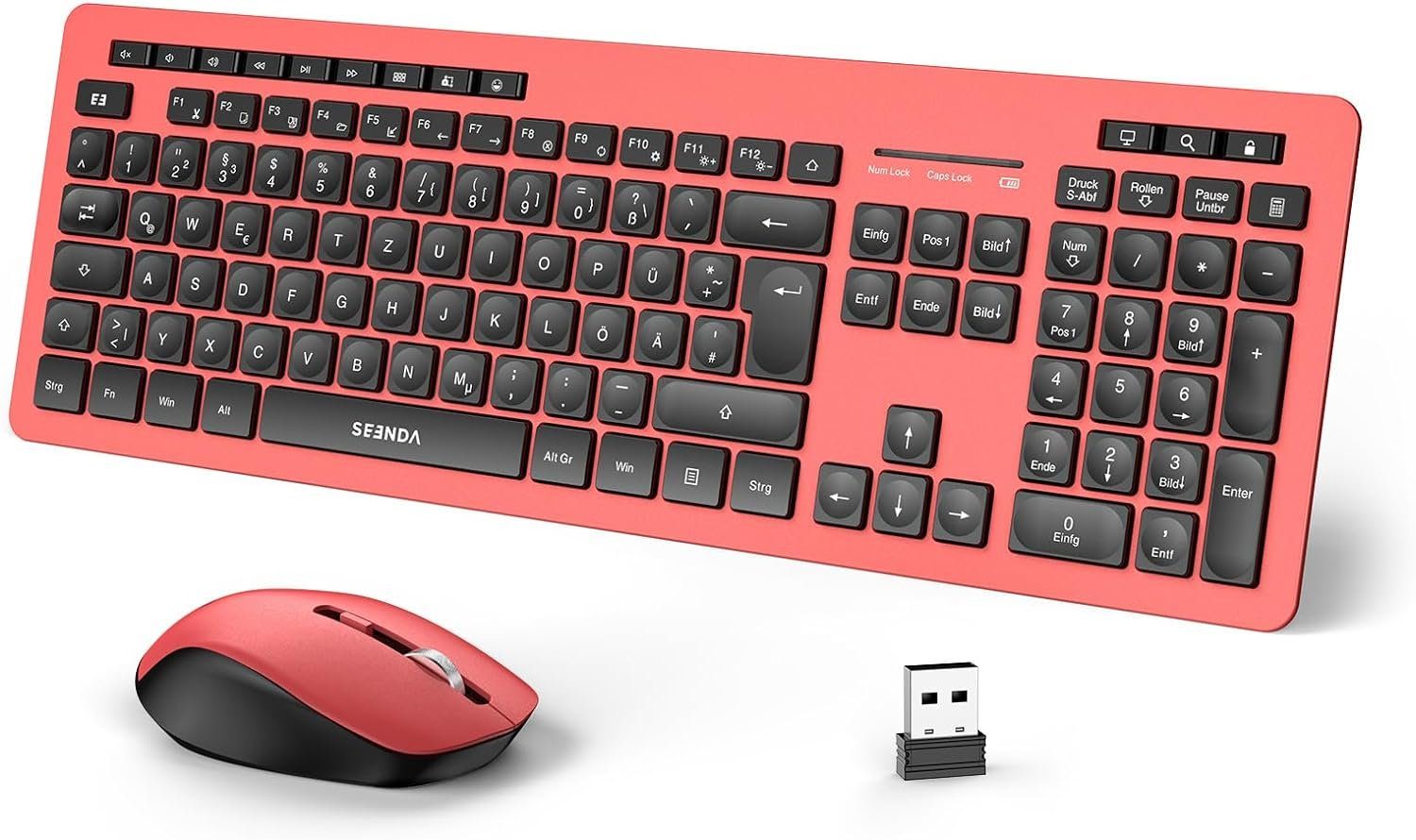 Seenda Volle Größe Ruhig 2.4G Funk mit USB Empfänger Tastatur- und Maus-Set, QWERTZ-Layout,14 Multimedia Shortcuts für Windows Laptop PC Desktop