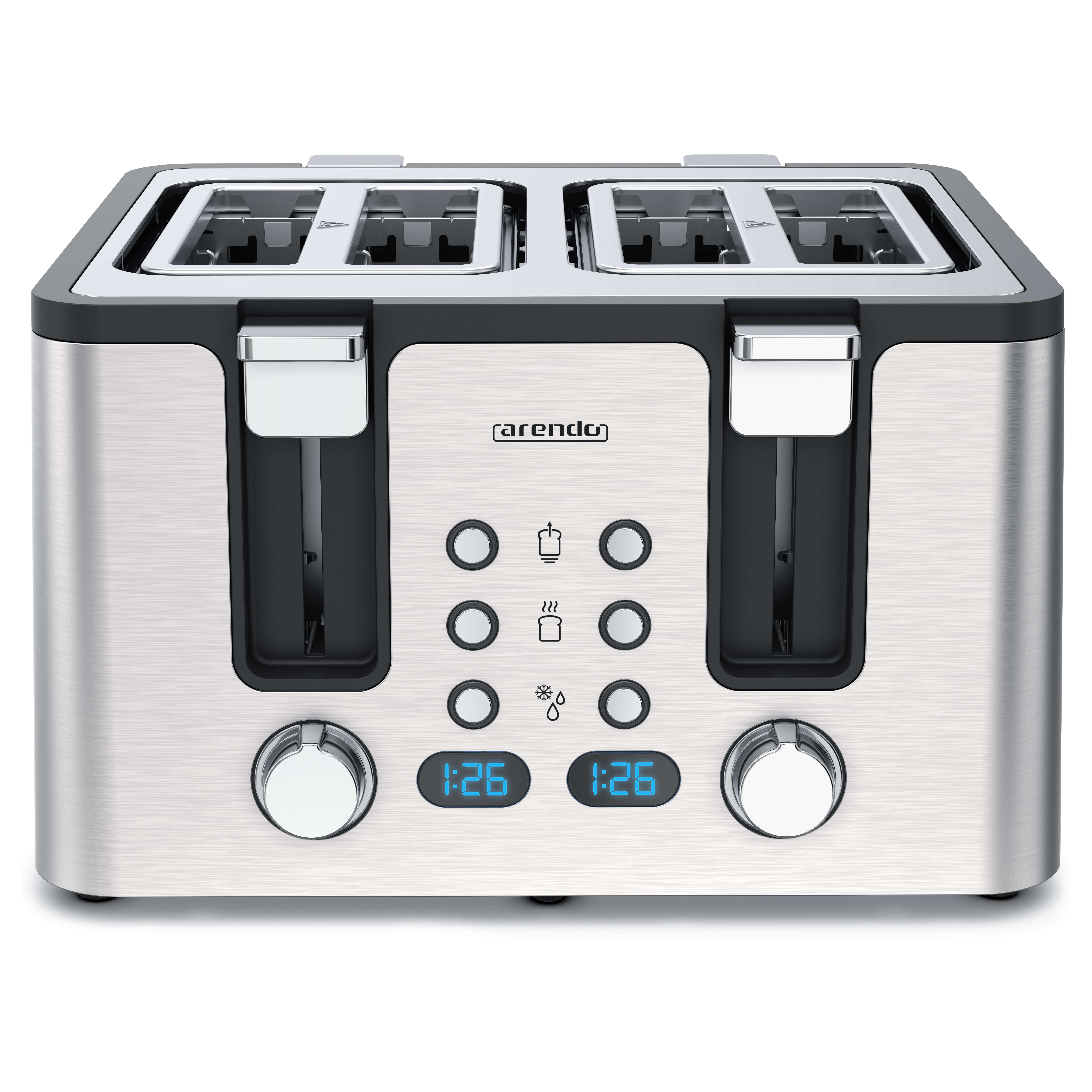Arendo Toaster Edelstahl, Brötchenaufsatz, Restzeitanzeige, Silber, 4 kurze Schlitze, für 4 Scheiben, 1750 W, Doppelwandgehäuse, Defrost Funktion, Krümelschublade, 6 Bräunungsgrade