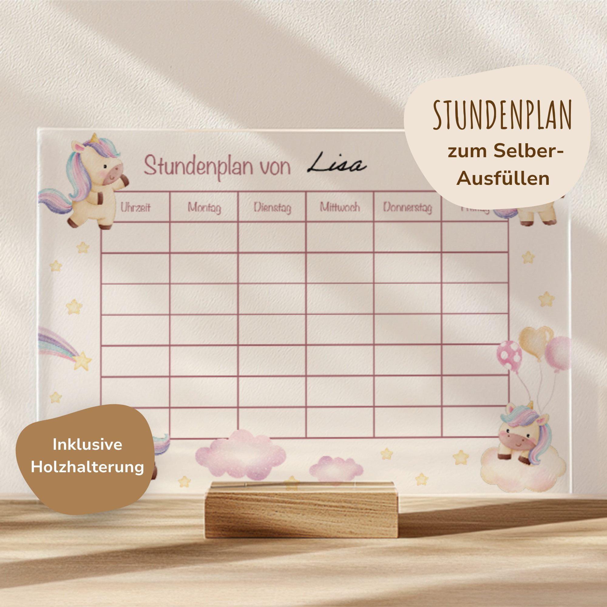 MeinBaby123® Schreibtischkalender Einschulung, Stundenplan Acrylglas transparent, Stundenplan abwischbar, Schulanfang Geschenk, inkl. Holzhalterung