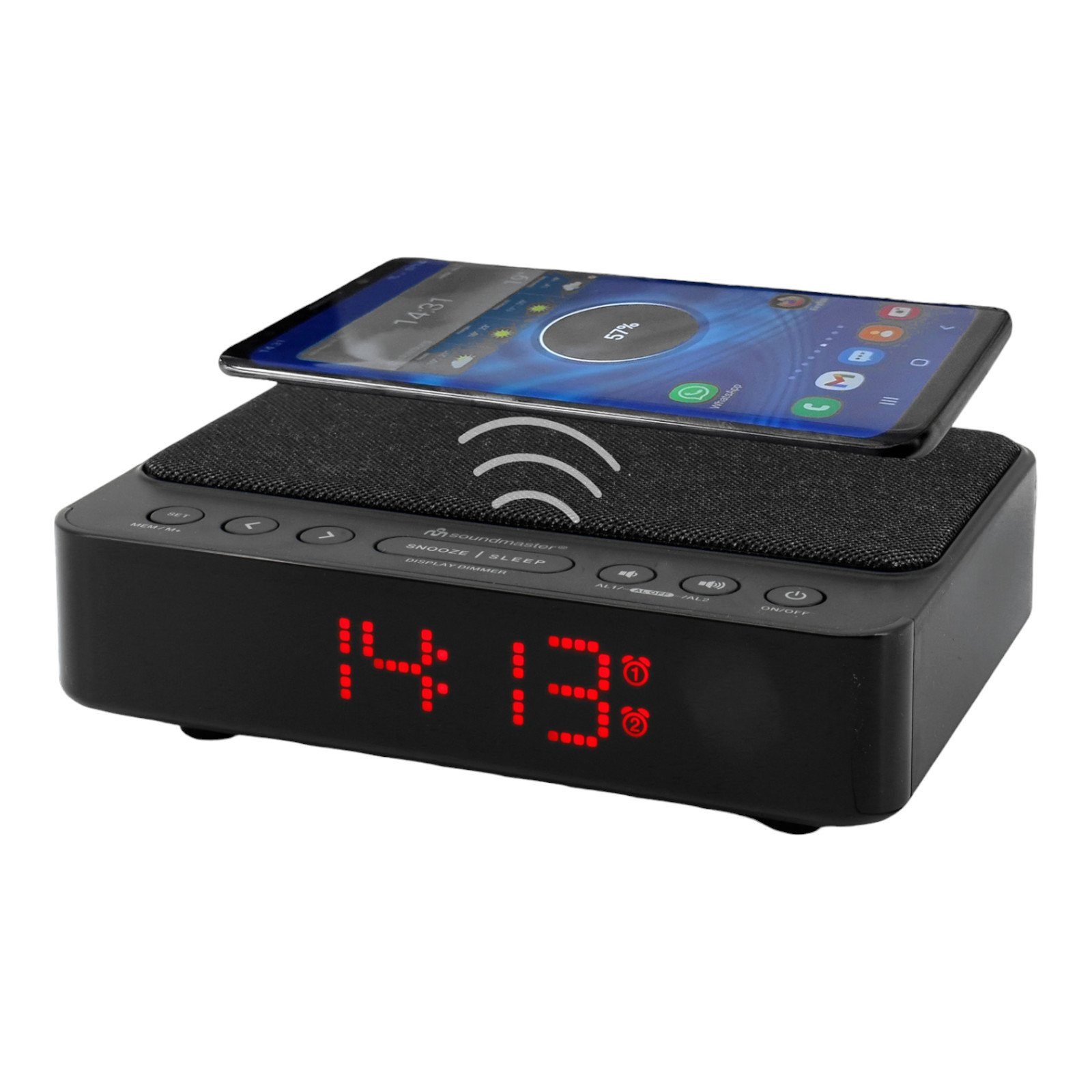 Soundmaster UR124SW Radiowecker kabellose Ladestation dimmbar Gangreserve Uhrenradio (UKW-PLL, Kabellose Ladefunktion, Radiowecker, dimmbarer Display)