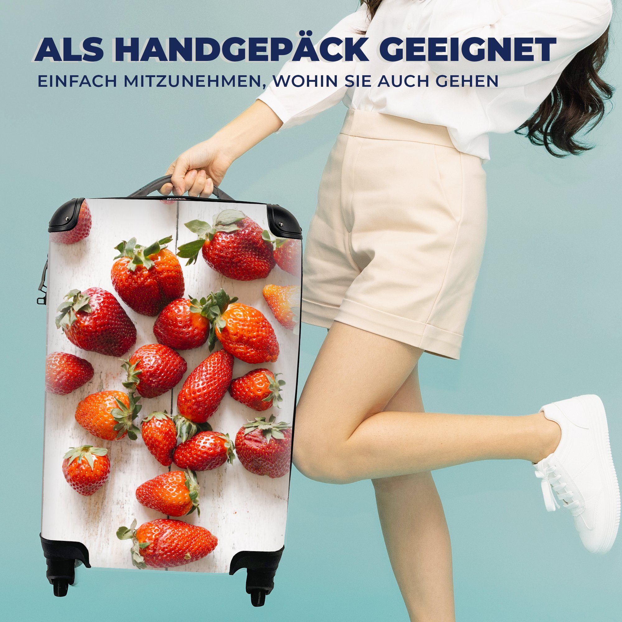 Erdbeere für 4 mit Reisetasche Trolley, - Handgepäck - rollen, Tisch, Rollen, Reisekoffer Obst Handgepäckkoffer MuchoWow Ferien,