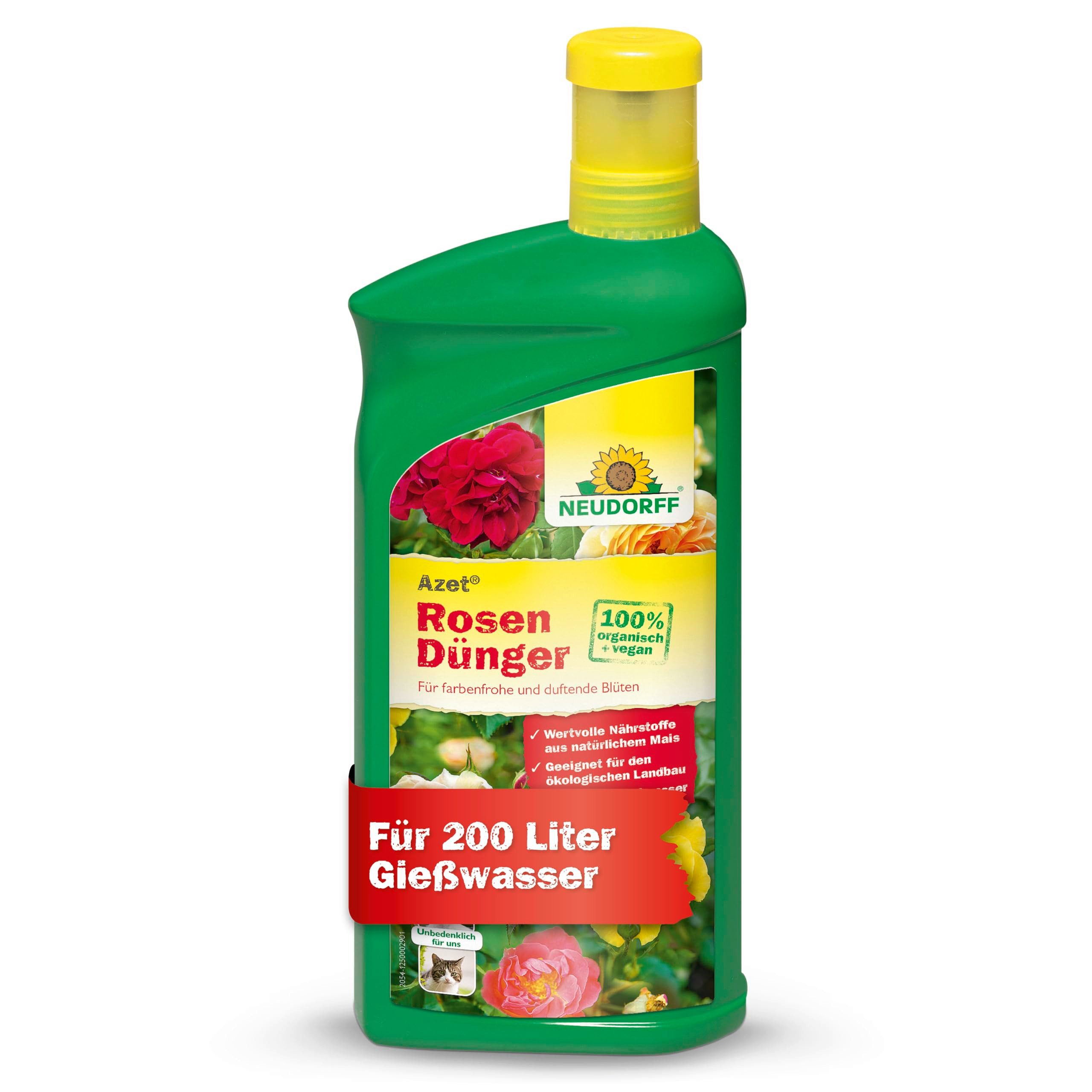 Neudorff Gartendünger Azet RosenDünger 1L für 200L Gießwasser, Vor Gebrauch gut schütteln und nur mit Wasser verdünnt anwenden., für blütenreiche und intensiv duftende Rosen auf Balkon oder Garten, mit praktischem Dosierbecher