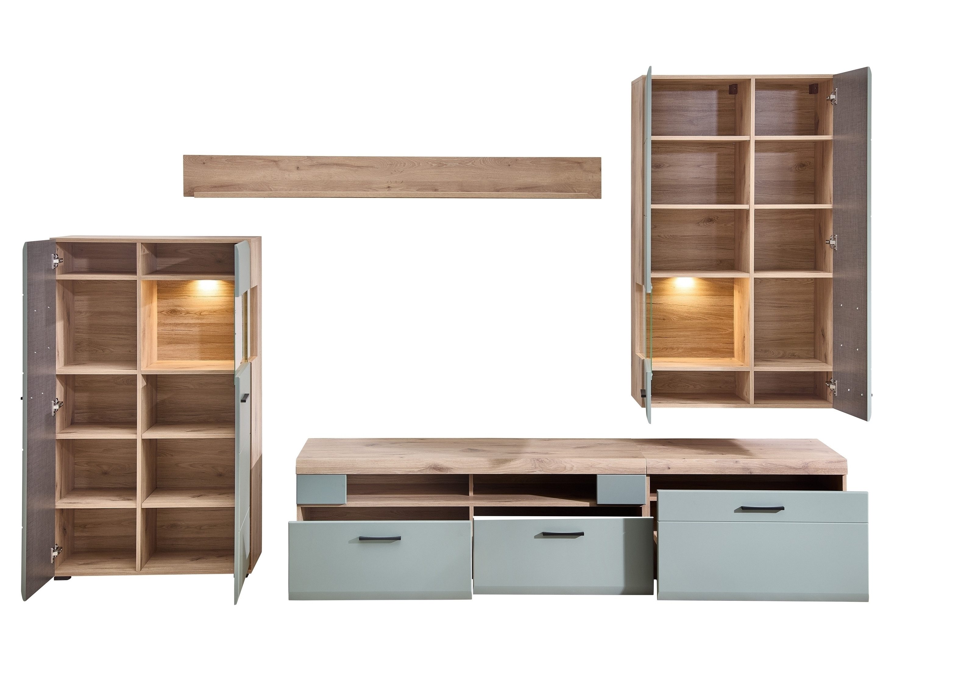 freiraum Wohnwand Kathlin, (5-teilig), (5-teilig) schilfgrün / Eiche Dekor - ca. 320x205x47cm (BxHxT)