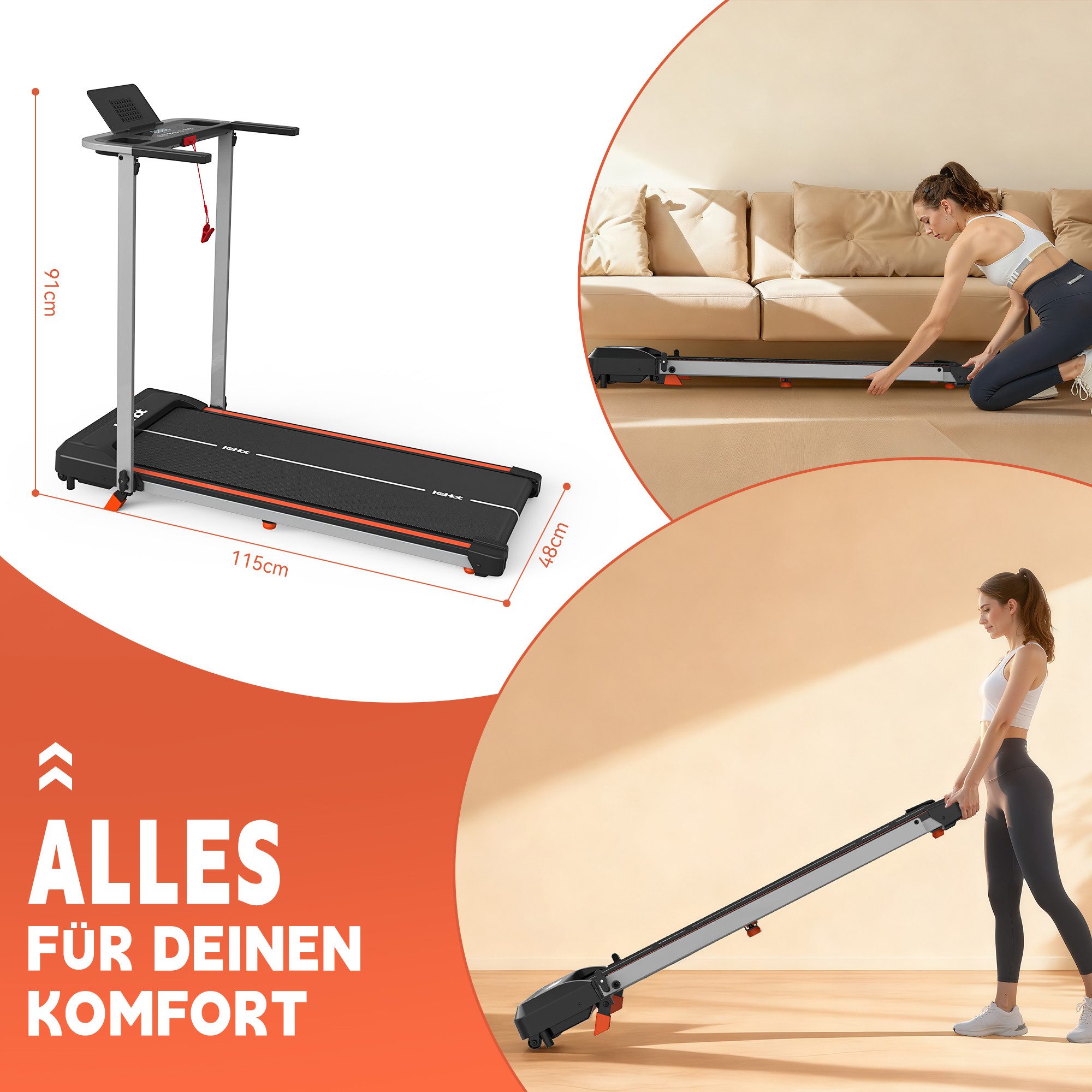 kehot Laufband Laufband mit 9% Steigung, klappbar und leise für Heimtraining (2.5HP Motor, 1–12 km/h, großes LED-Display für Zeit, Distanz, Kalorien, Kompatibel mit APPs: EQI SPORTS, Zwift & Kinomap, Bluetooth), 38×100 cm Lauffläche, Stabil bis 125 kg, inklusive Sicherheits-Key