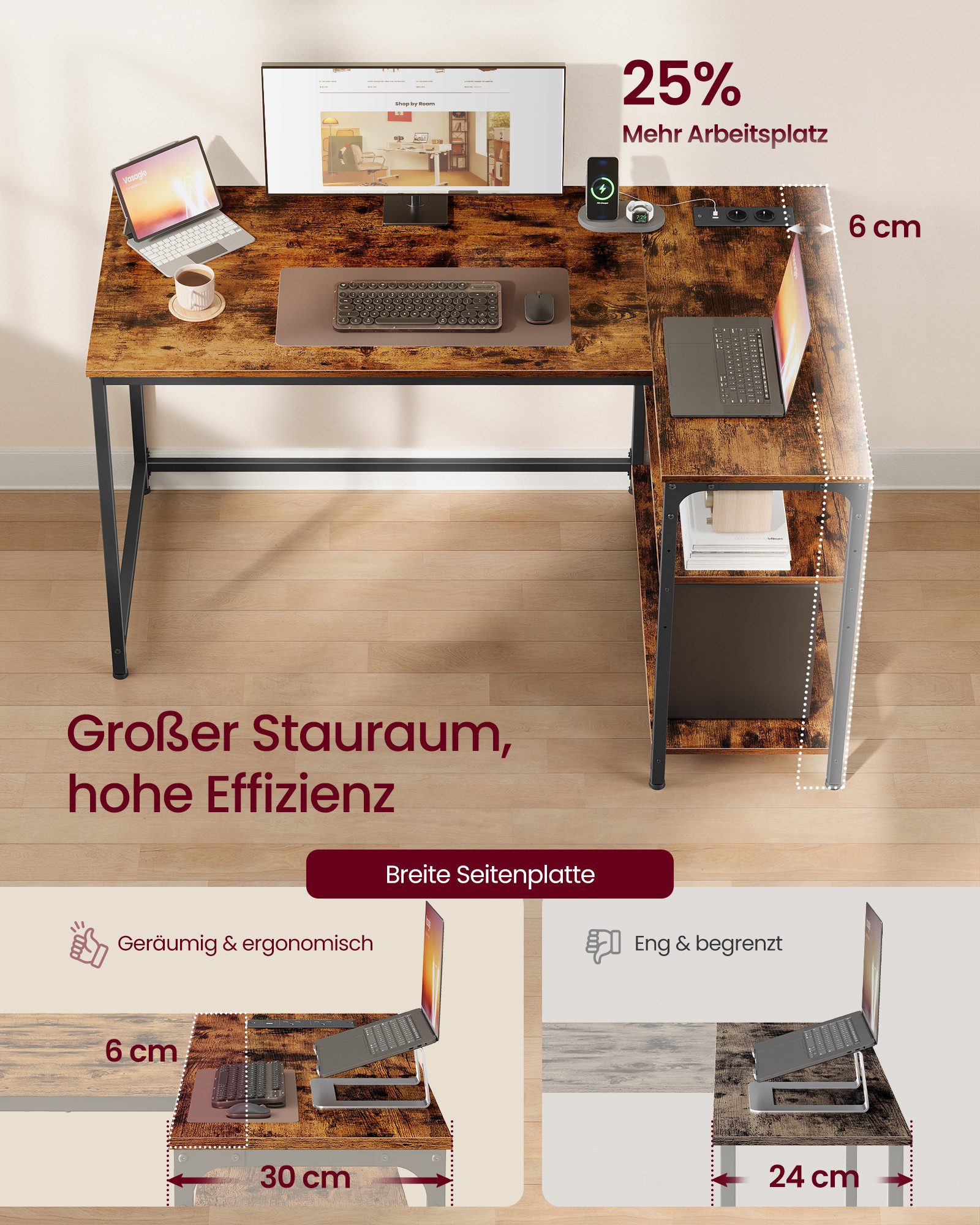 VASAGLE Schreibtisch Eckschreibtisch in L-Form, Computertisch mit Stauraum, Bürotisch, höhenverstellbare Ablage, für Homeoffice, 110/120 cm – Bild 3 von 5