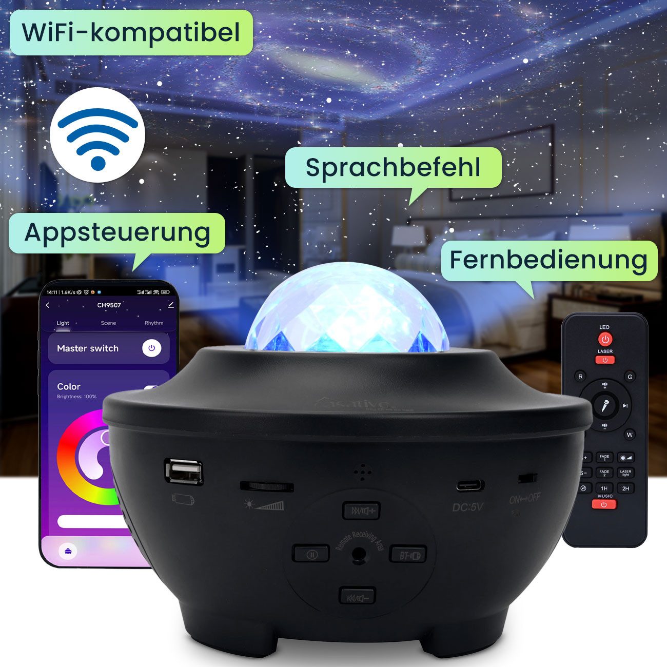 Casativo LED-Sternenhimmel Magischer Laser-Sternenhimmel-Projektor mit Bluetooth Lautsprecher, LED, WIFI, Sprachsteuerung & App-Steuerung – Bild 2 von 5