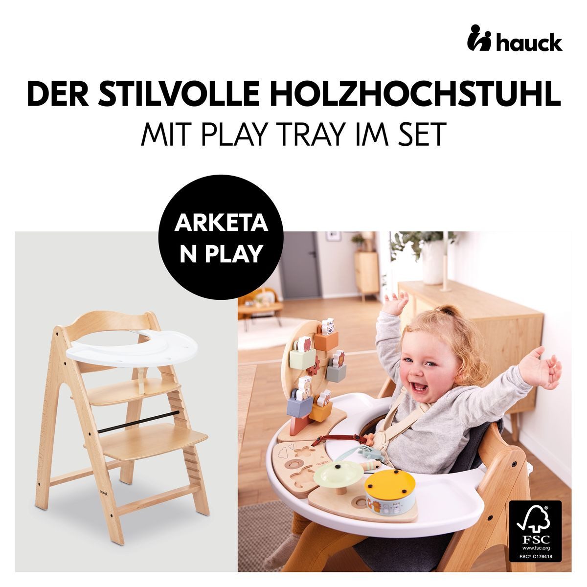 Hauck Hochstuhl Arketa - Beech, Mitwachsender Holz Kinderhochstuhl mit Spielbrett (ohne Spielaufsatz)