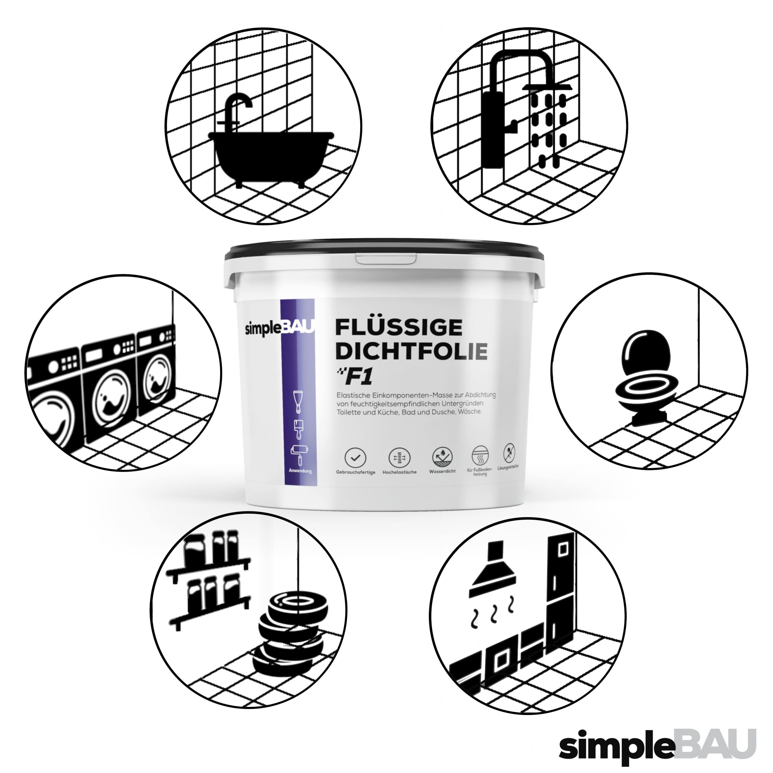 simpleBAU Dichtstoff Flüssigfolie F1 1,5 kg + Tiefengrund 1 L und Elastisches Dichtband 5M