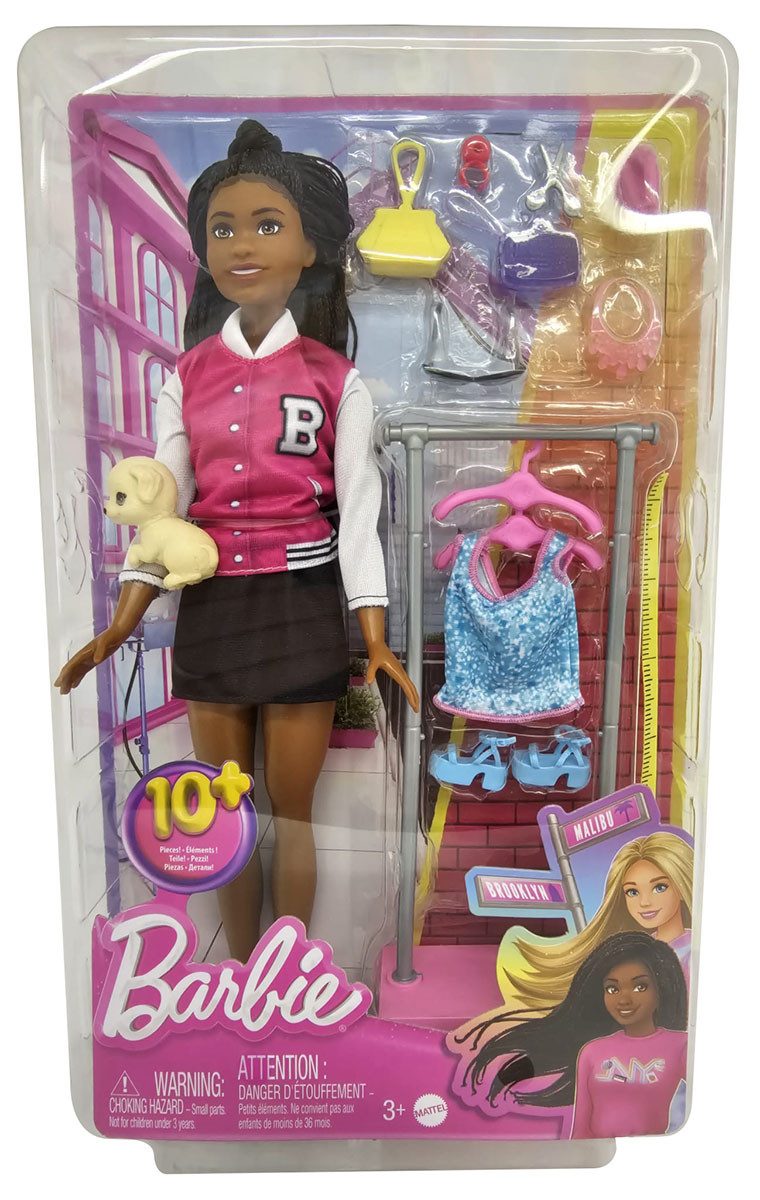 Barbie Stehpuppe Mattel HNK96 Barbie Extra, Puppe im Brooklyn Outfit schwarze geflochte