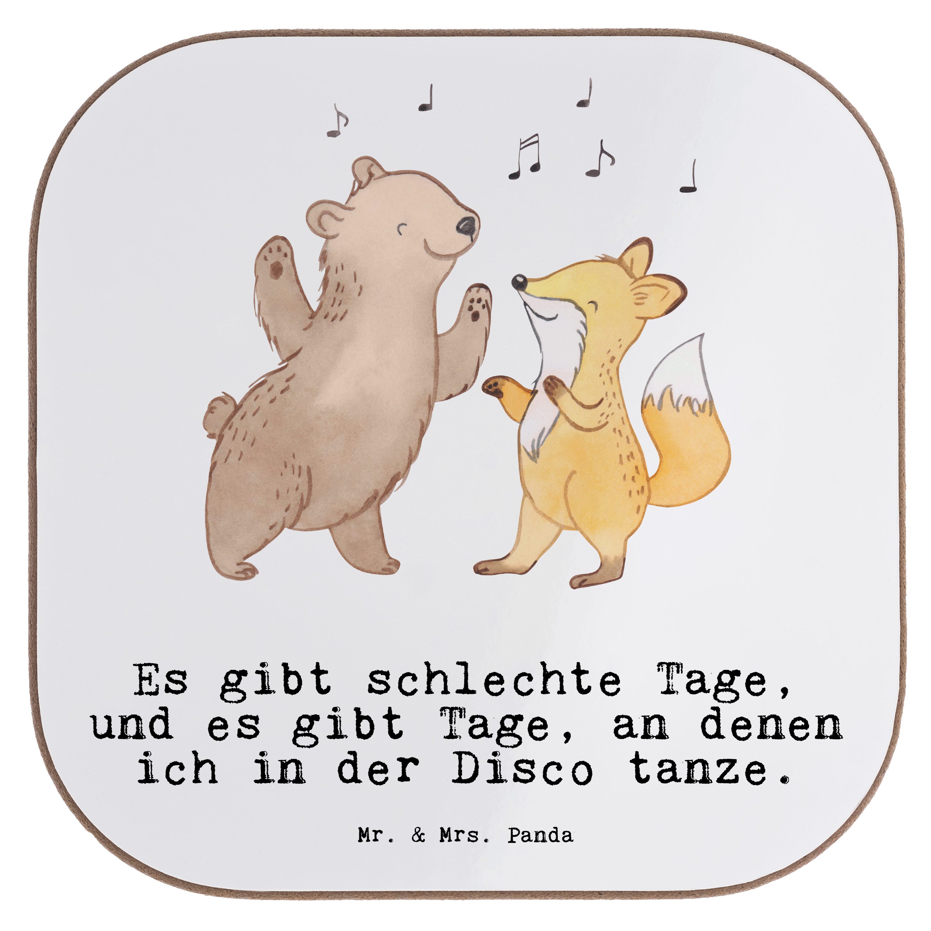 Mr. & Mrs. Panda Getränkeuntersetzer Bär & Fuchs Disco Tage - Weiß - Geschenk, Bierdeckel, Glasuntersetzer, 1-tlg.