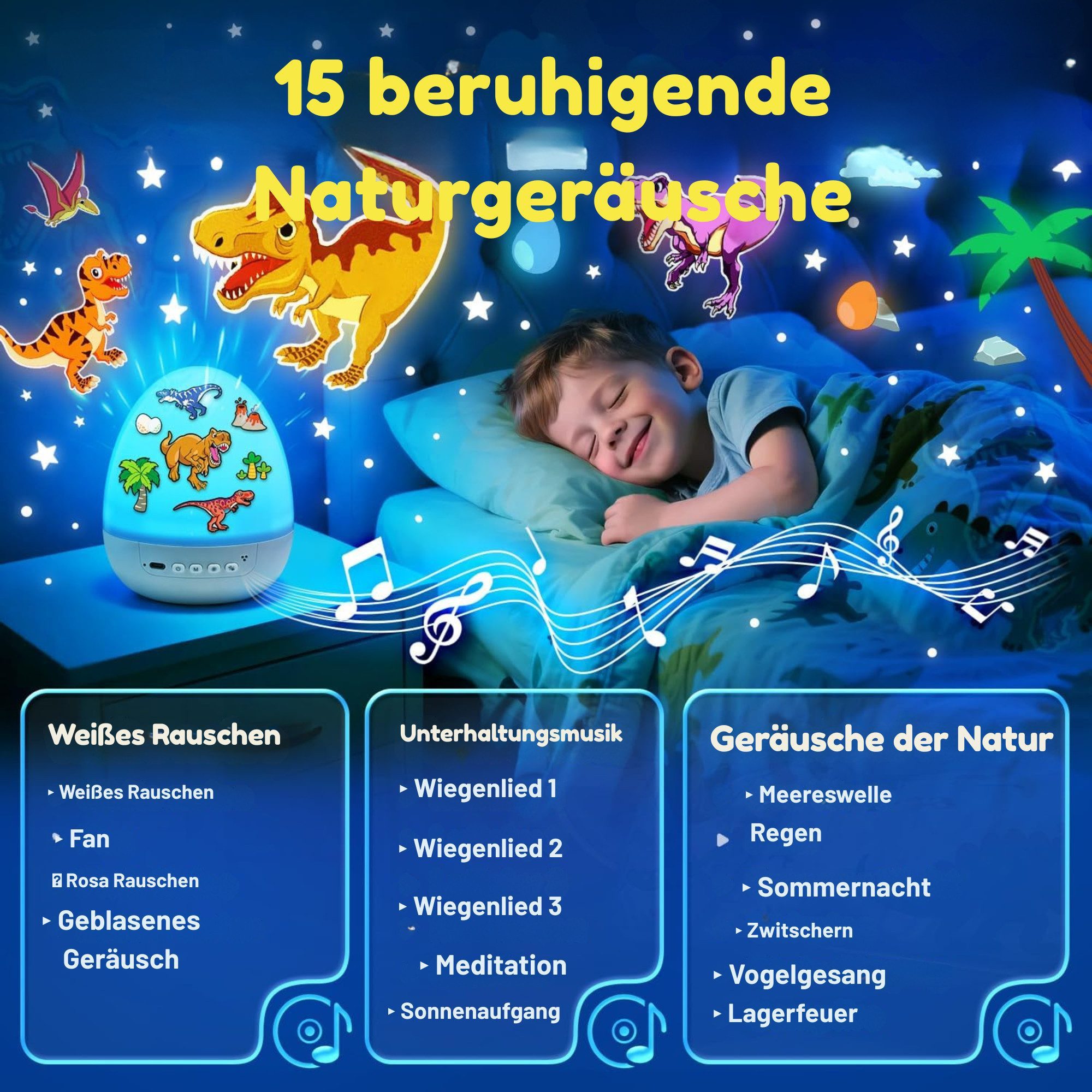 Vivitar LED-Sternenhimmel Dino-Ei-Projektor für Kinder, Nachtlicht mit 12 Projektionsfolien, Geschenk für Jungen und Mädchen, 360°-Drehung, 7 Farben, 15 Melodie – Bild 4 von 5