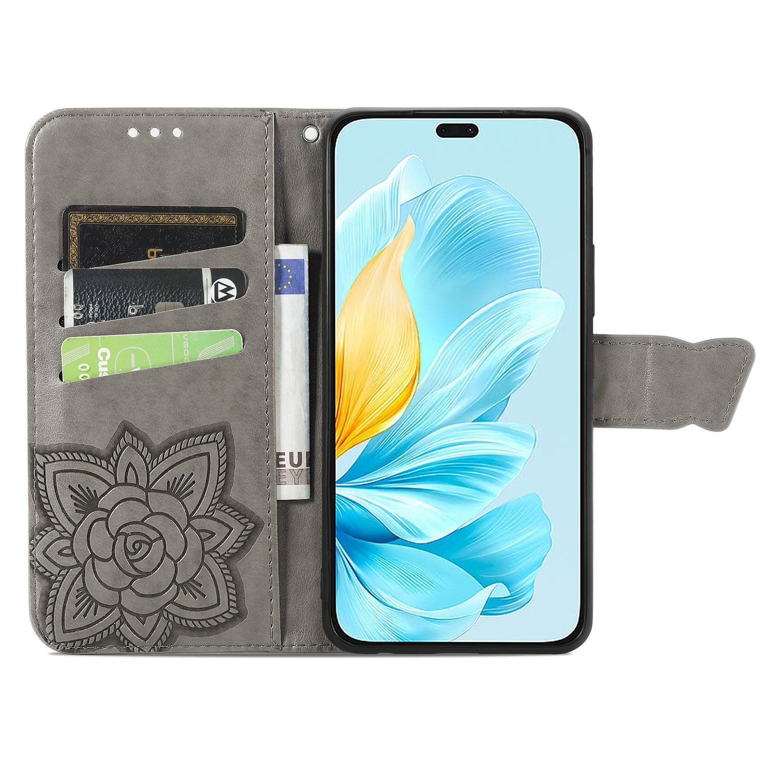 Wigento Smartphone-Hülle Für Honor 200 Lite Kunstleder Wallet Tasche Schmetterling Hülle Grau, Kunst-Leder Schutzhülle Smart Case Cover magnetischer Verschluss