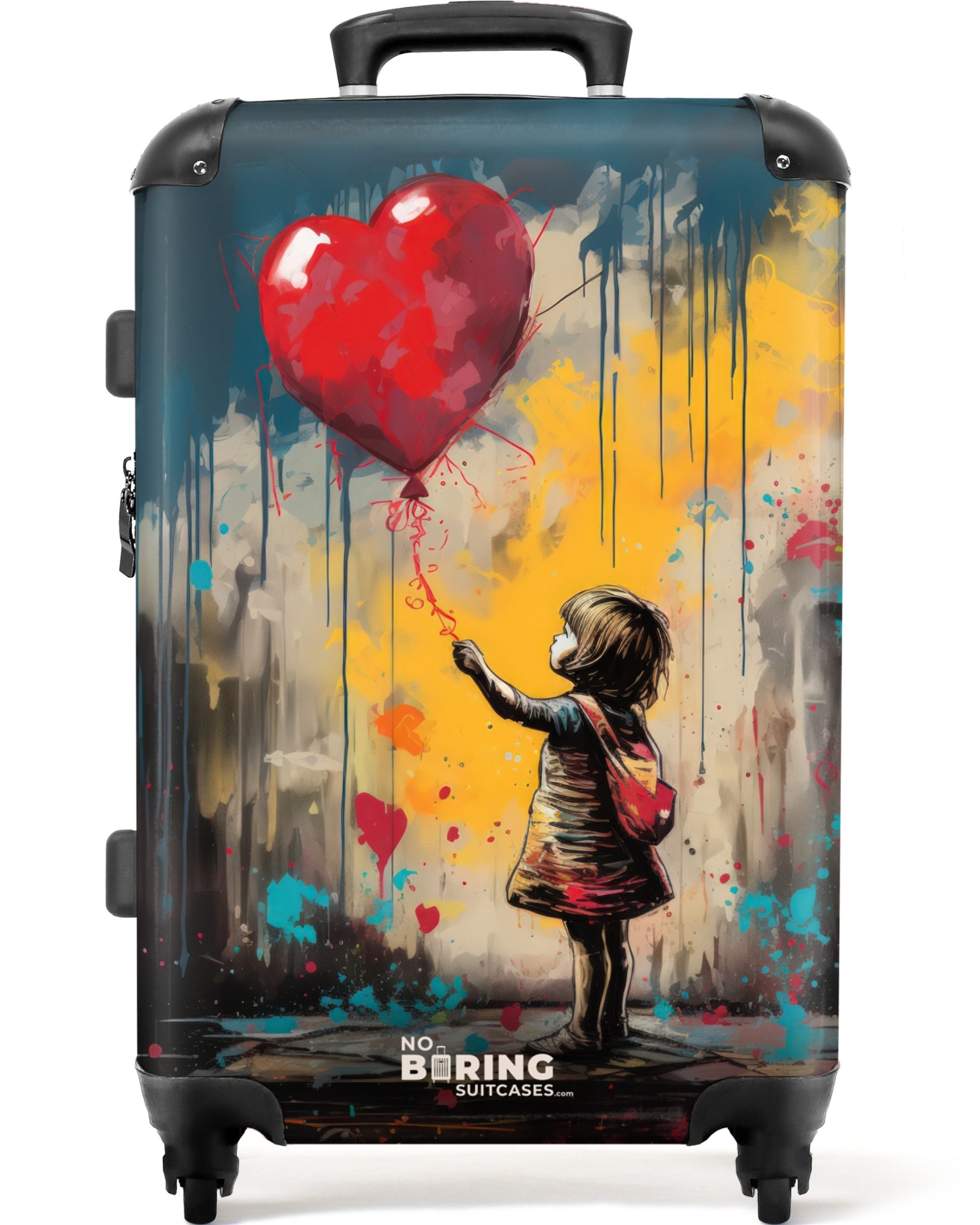 NoBoringSuitcases.com© Hartschalen-Trolley Mädchen mit Luftballon im Graffiti-Stil 67 cm - 72 L, 4 Rollen, Koffer Mittelgroß für 20kg, Suitcase für Erwachsene, Reisekoffer