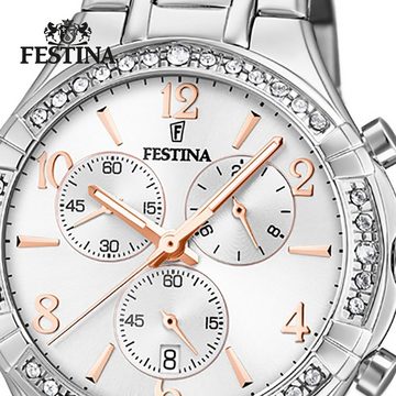 Festina Chronograph Festina Damen Uhr F20392/1 Edelstahl, Damen Armbanduhr rund, Edelstahlarmband silber